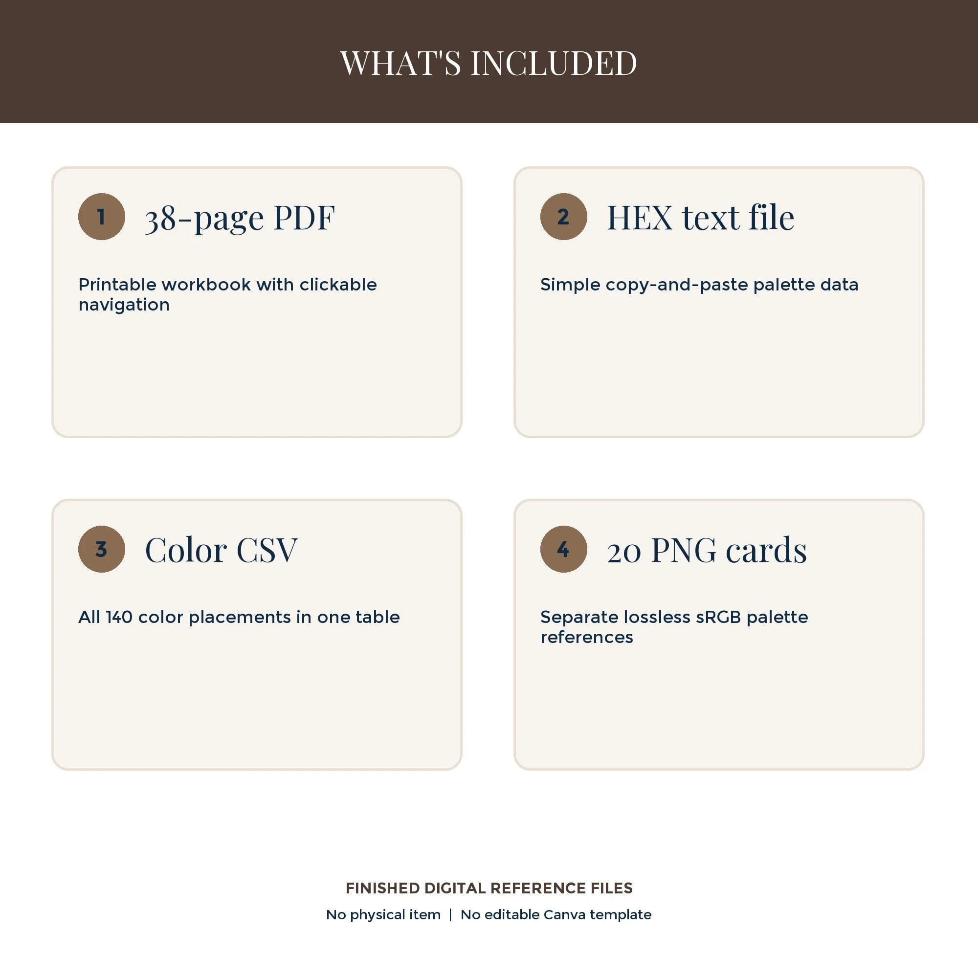 Preview of files included in the Vintage Library workbook: PDF, HEX codes, CSV reference, and 20 PNG palette cards.
