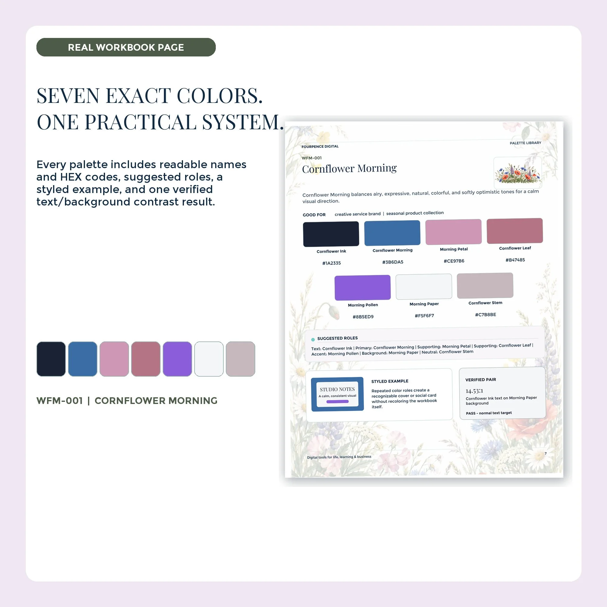 Wildflower Meadow workbook palette page with seven labeled colors and HEX codes.