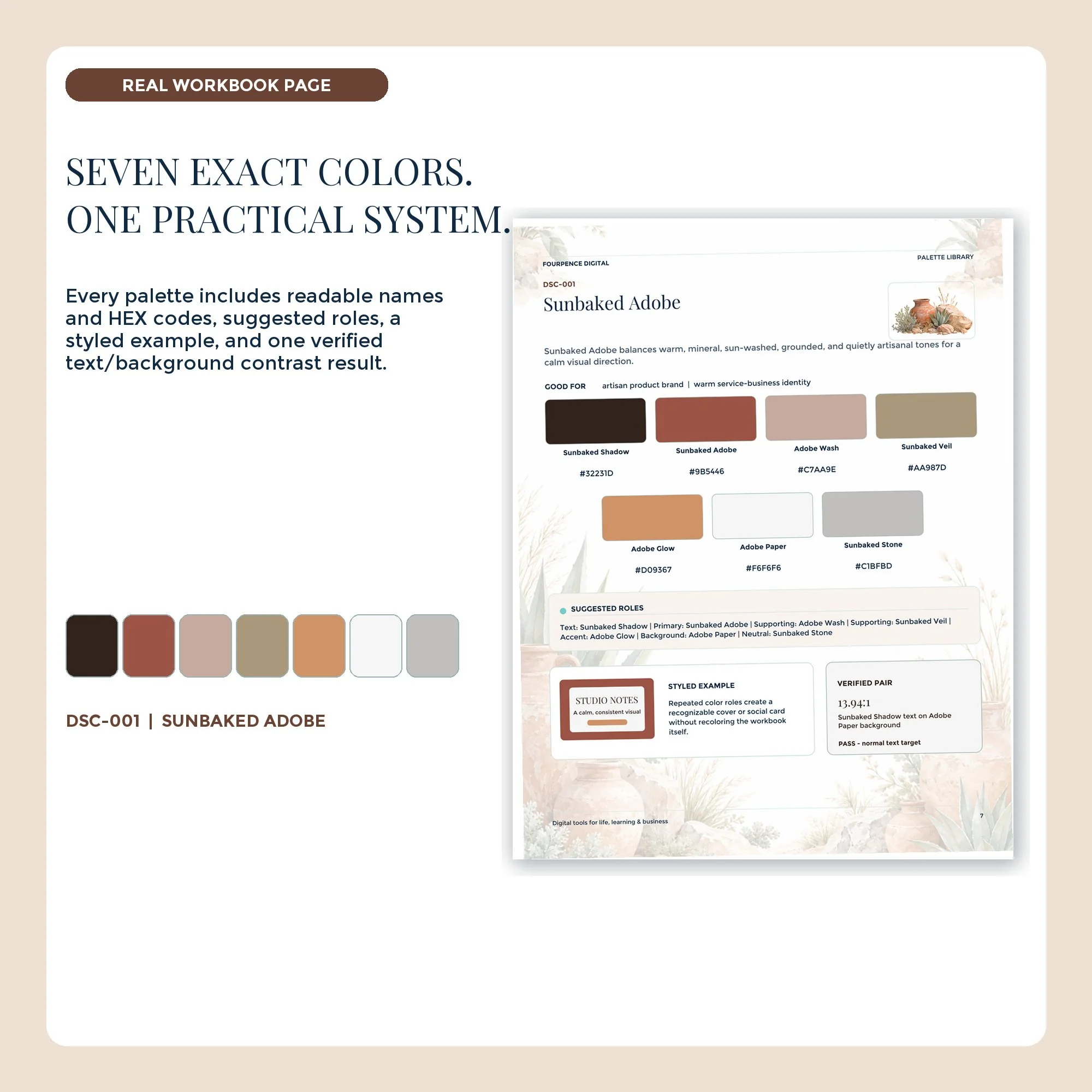 Desert Clay workbook palette page with seven labeled colors and HEX codes.