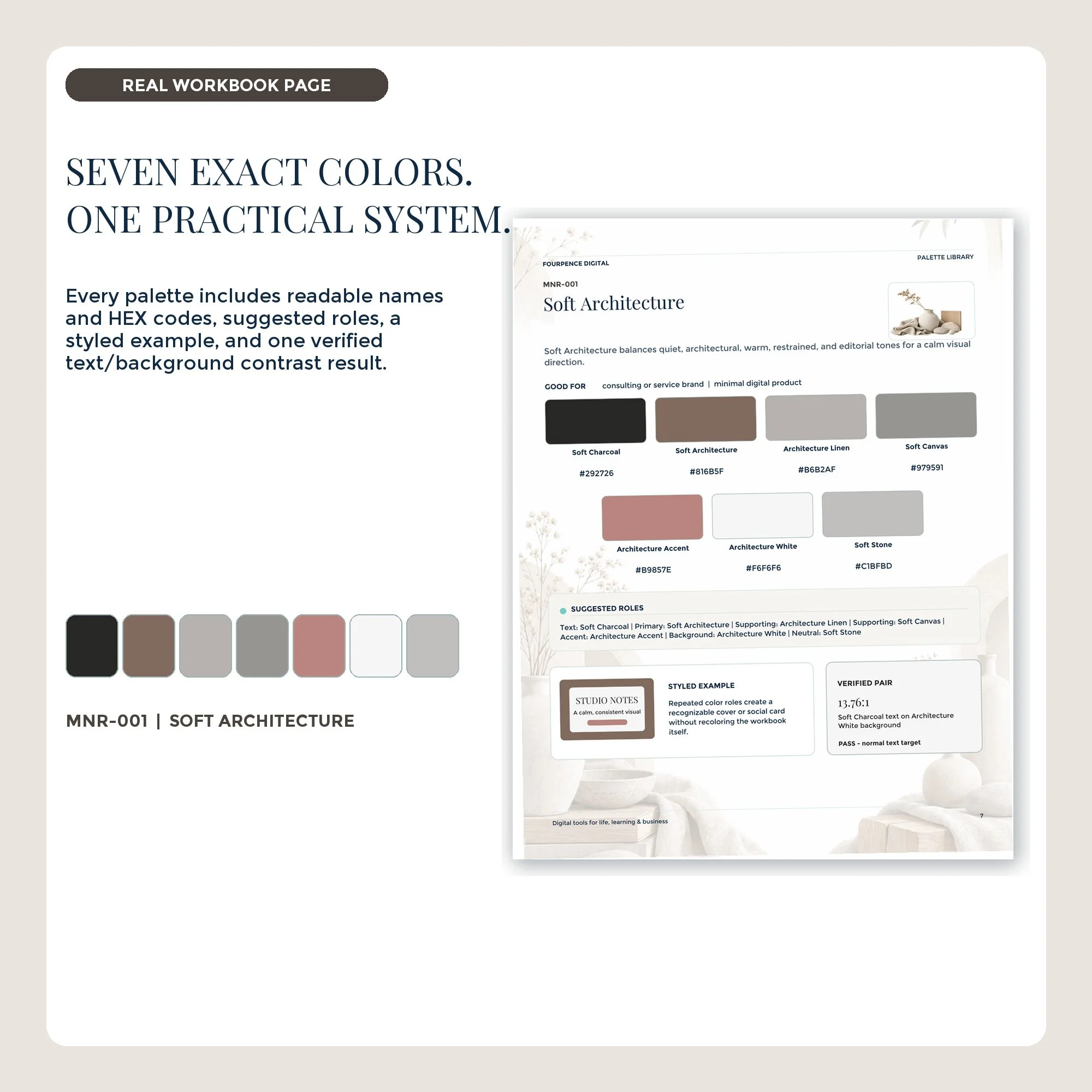 Modern Neutral workbook palette page with seven labeled colors and HEX codes.