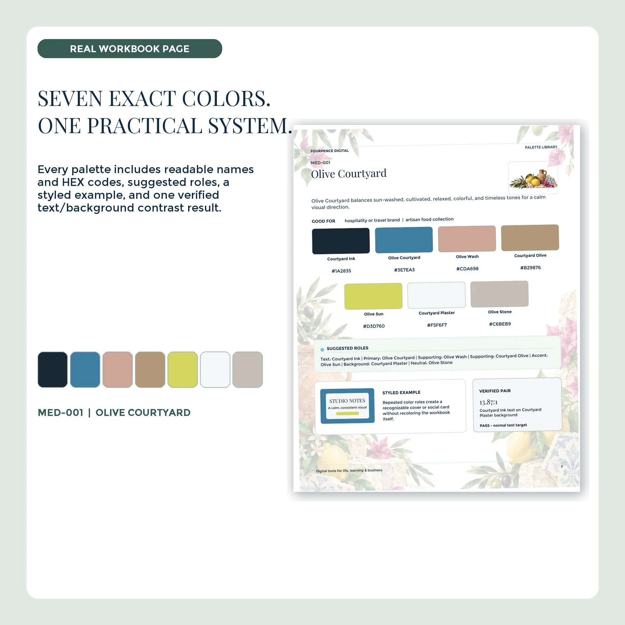 Mediterranean workbook palette page with seven labeled colors and HEX codes.
