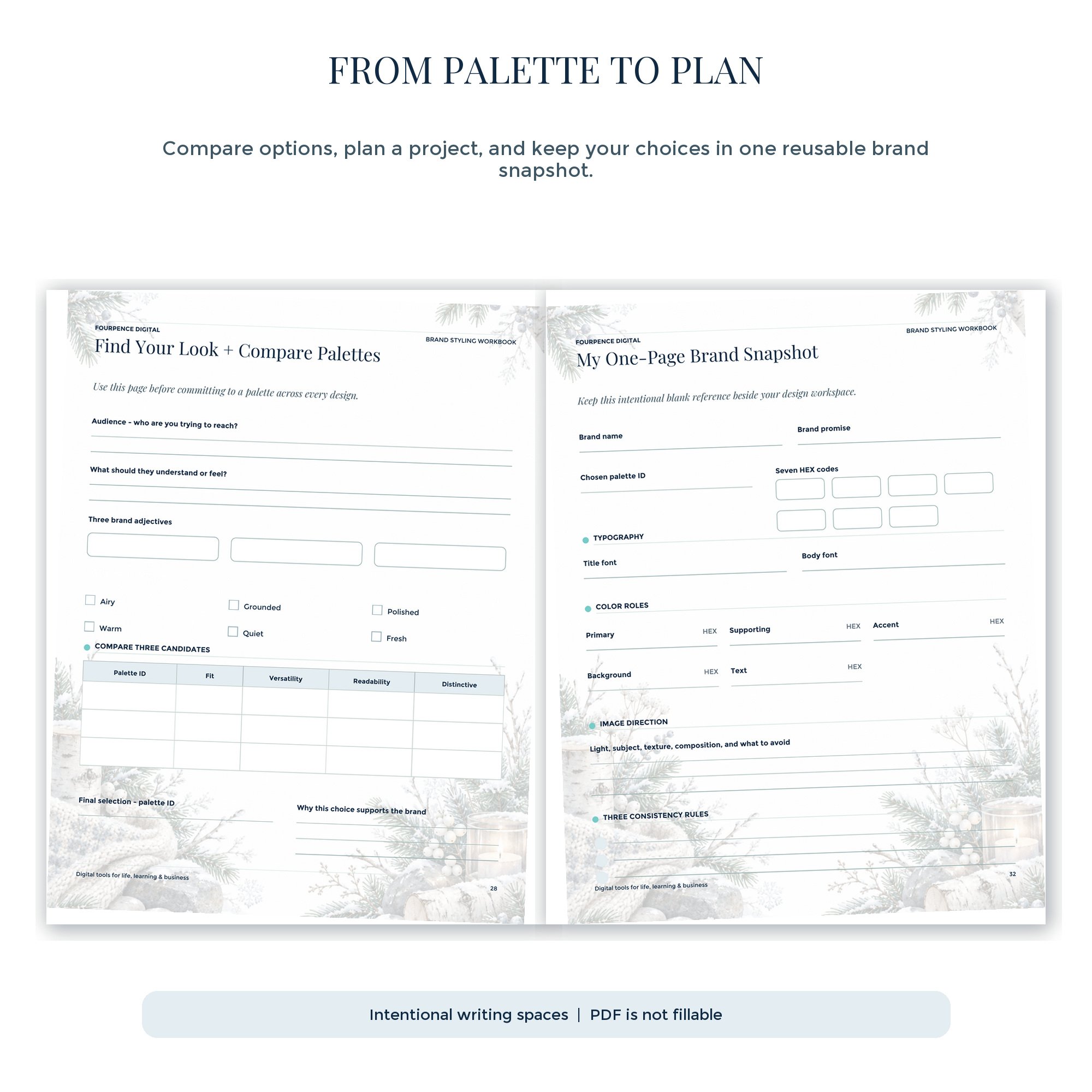 Nordic Winter workbook planning tools for comparing palettes and organizing brand colors.