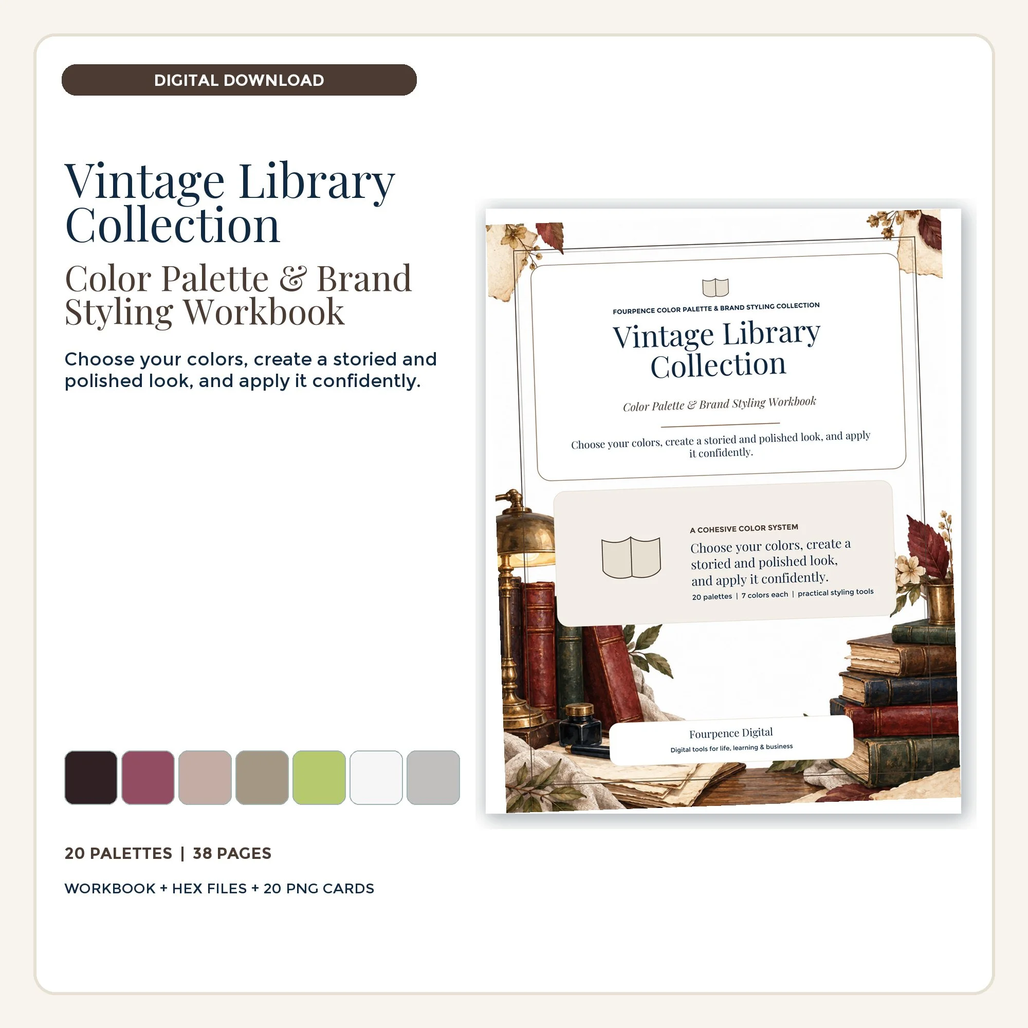 Vintage Library Color Palette & Brand Styling Workbook cover and coordinated digital product mockup.