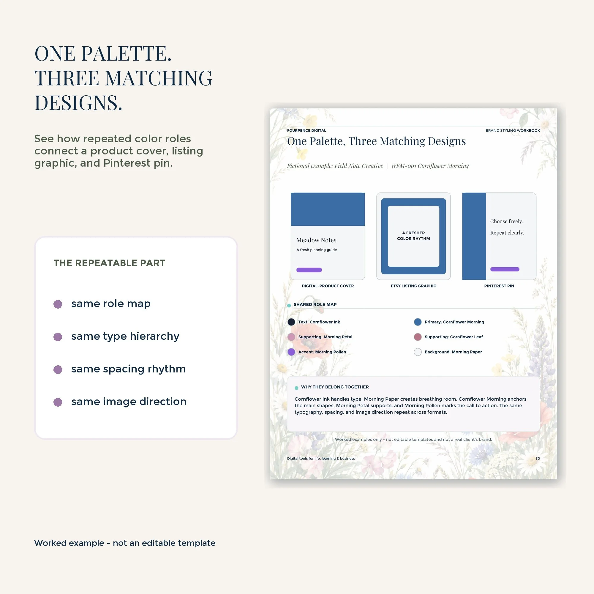 Wildflower Meadow color palette applied across coordinated brand and marketing designs.
