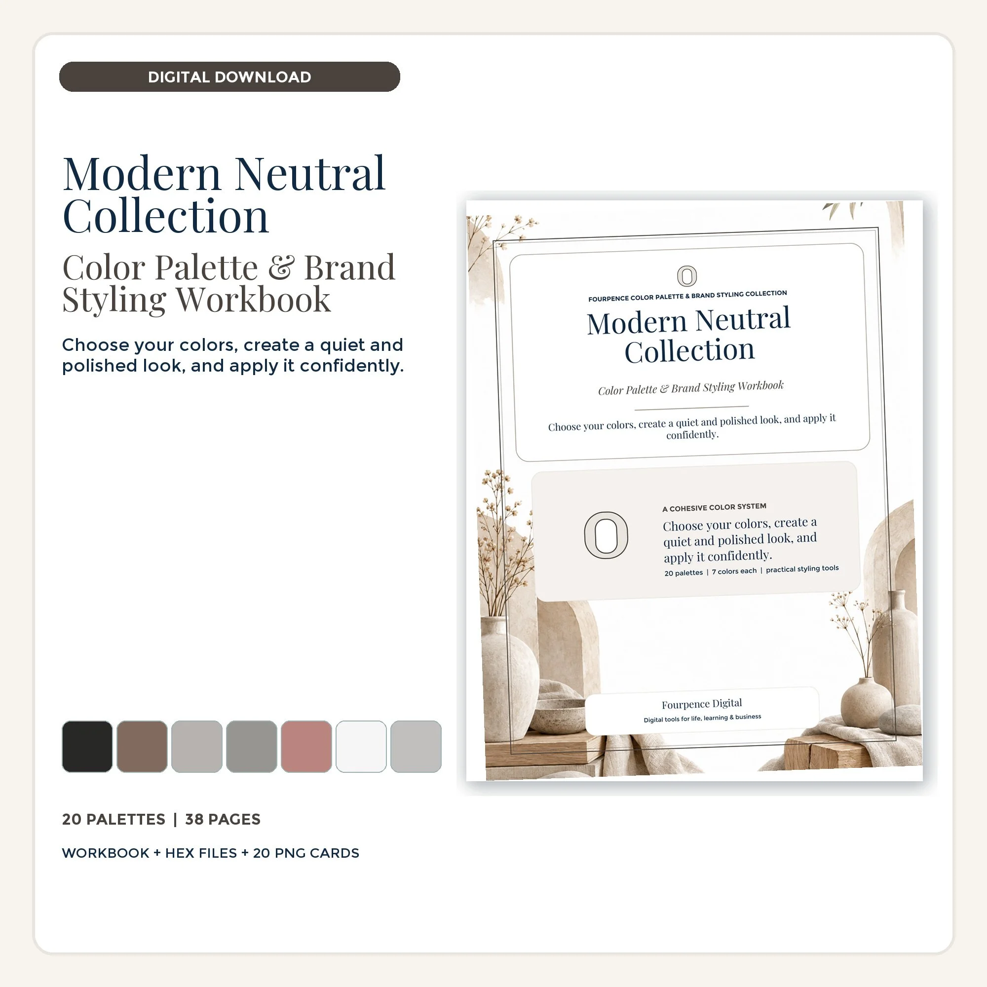 Modern Neutral Color Palette & Brand Styling Workbook cover and coordinated digital product mockup.