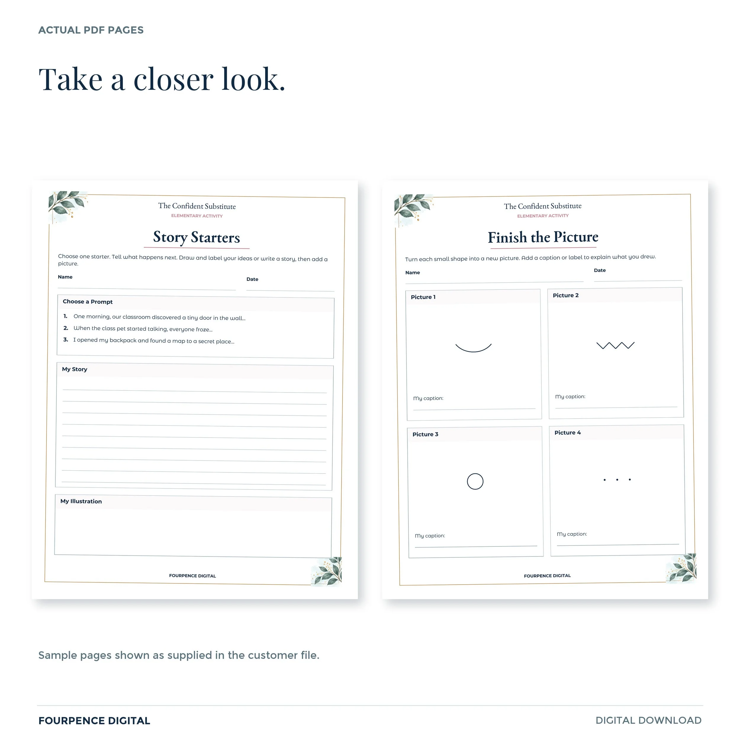Two actual sample pages from Elementary Emergency Activity Vault, showing worksheet or form instructions and writing areas.