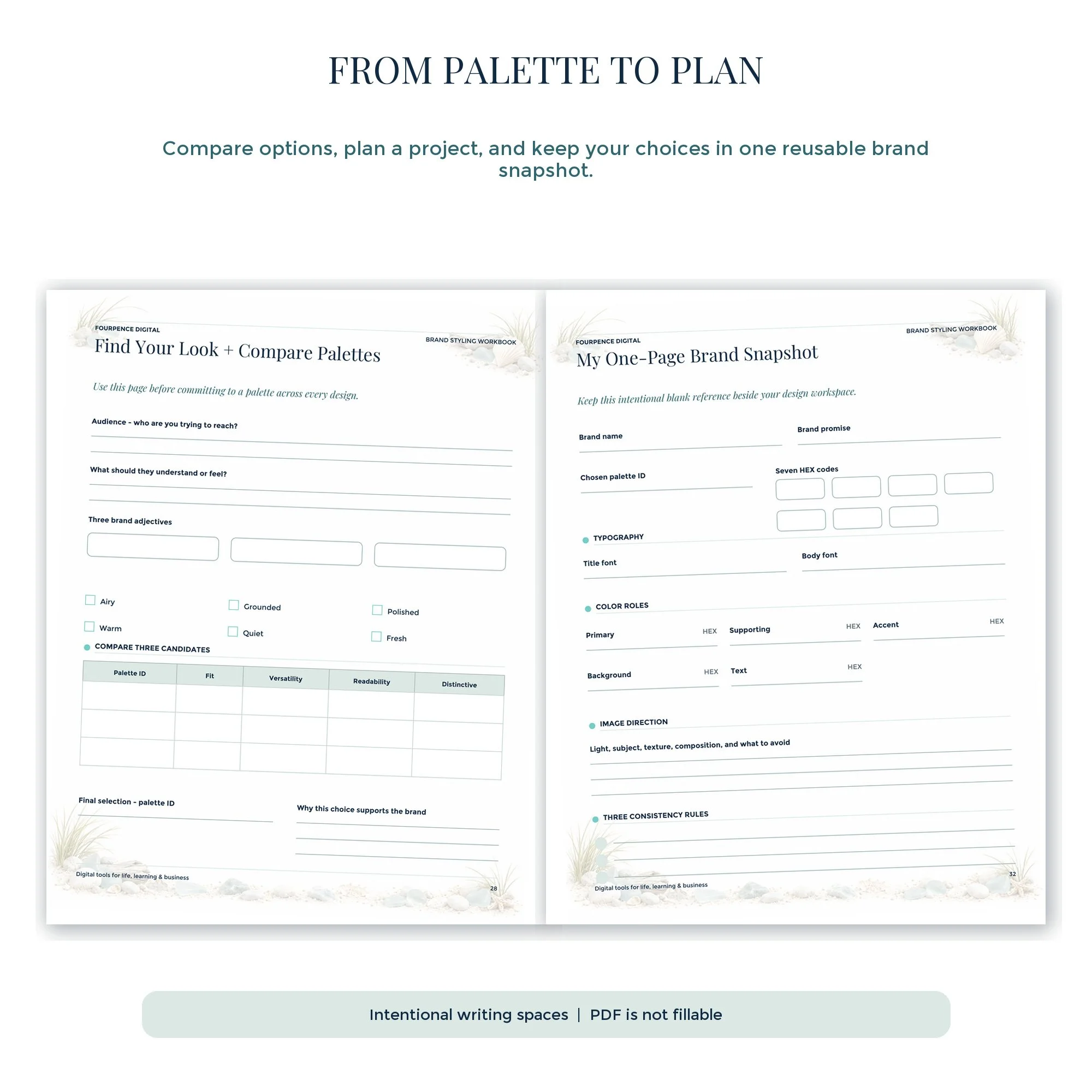 Coastal workbook planning tools for comparing palettes and organizing brand colors.
