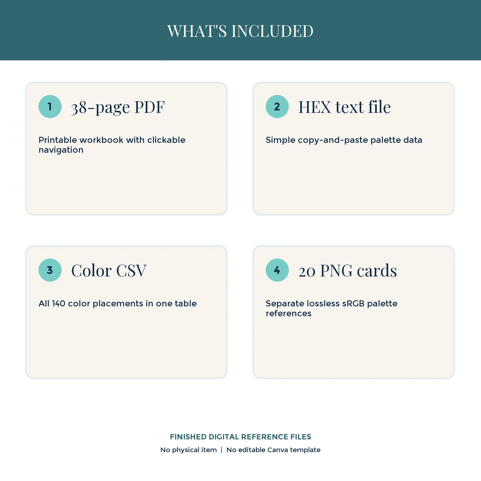 Preview of files included in the Coastal workbook: PDF, HEX codes, CSV reference, and 20 PNG palette cards.