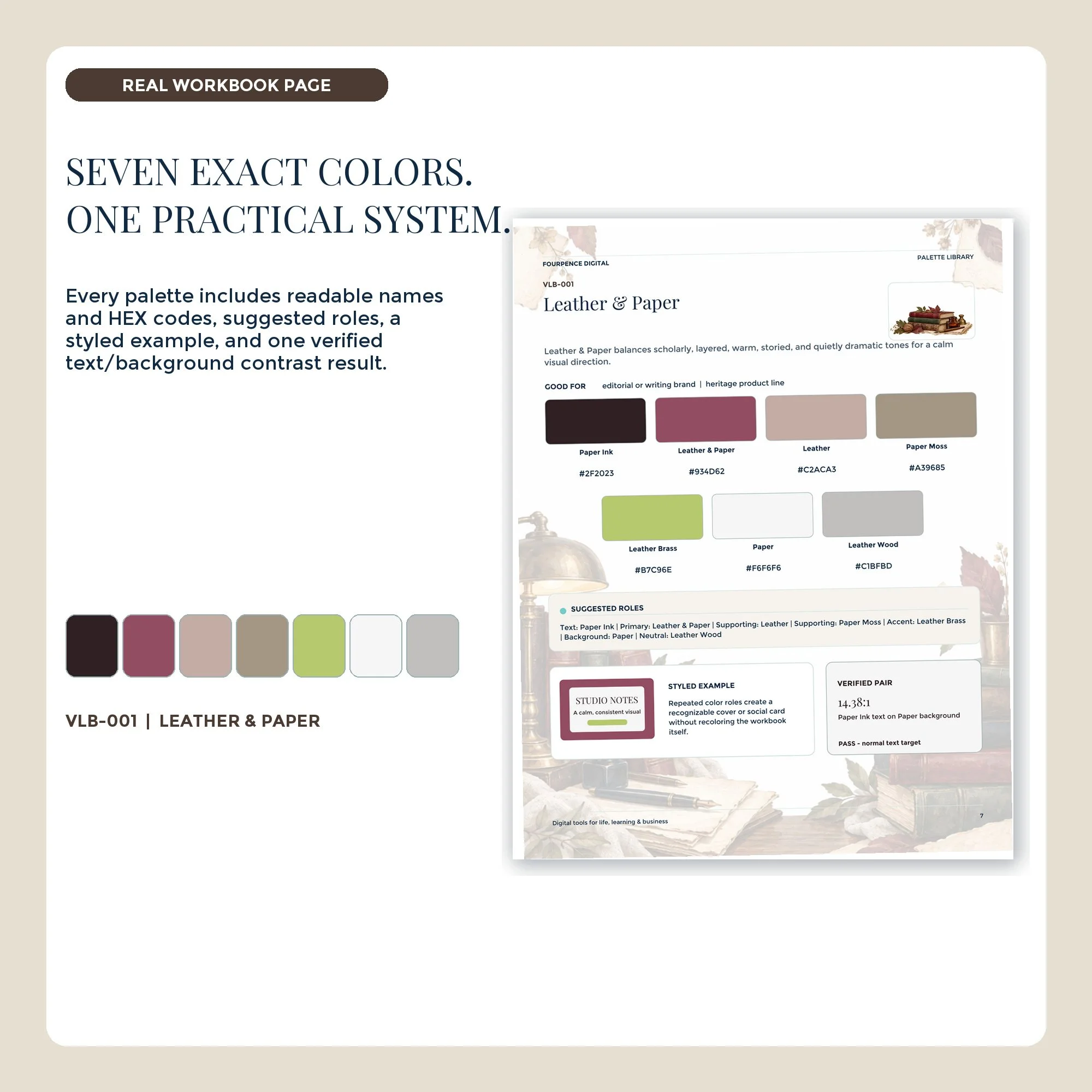 Vintage Library workbook palette page with seven labeled colors and HEX codes.
