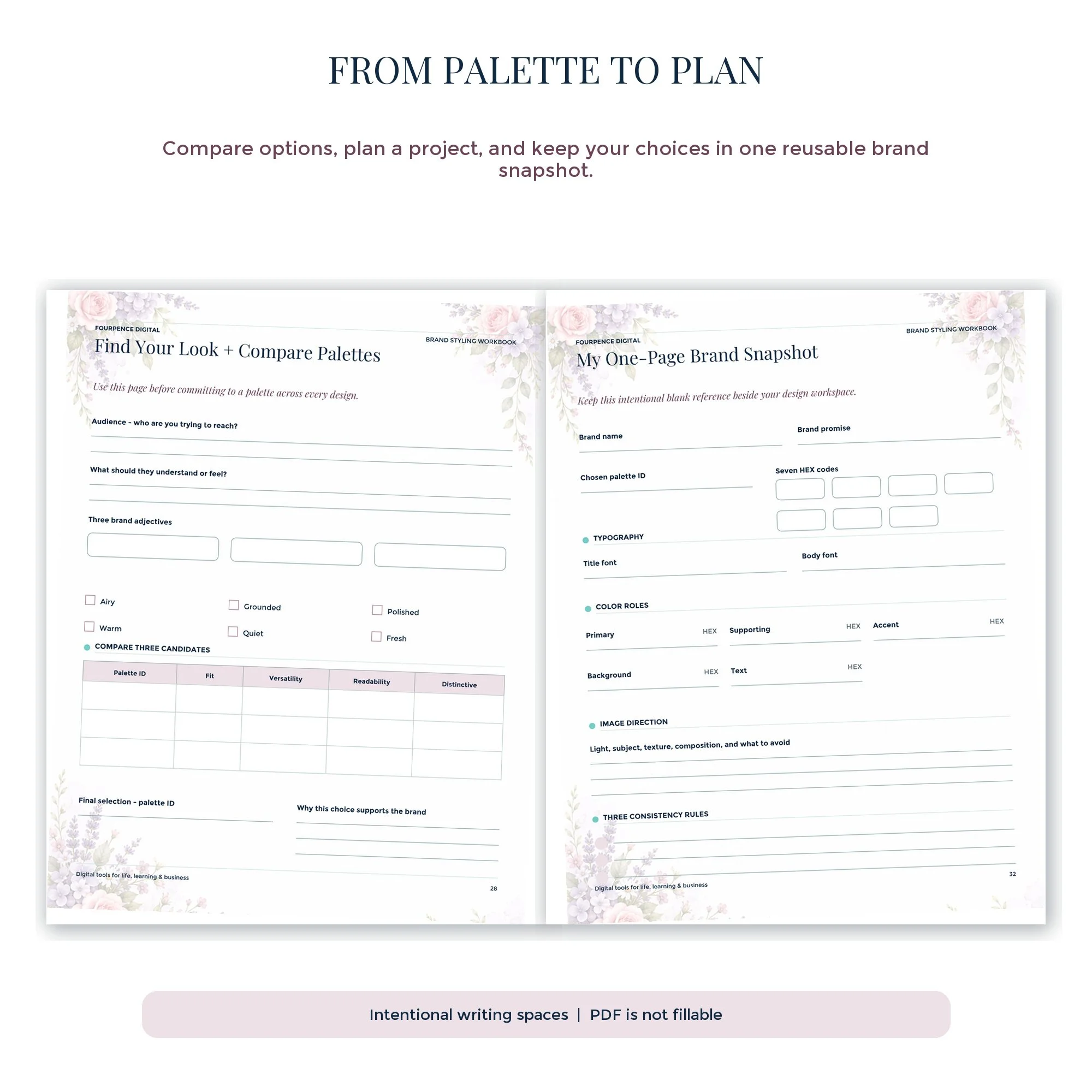 Cottage Garden workbook planning tools for comparing palettes and organizing brand colors.