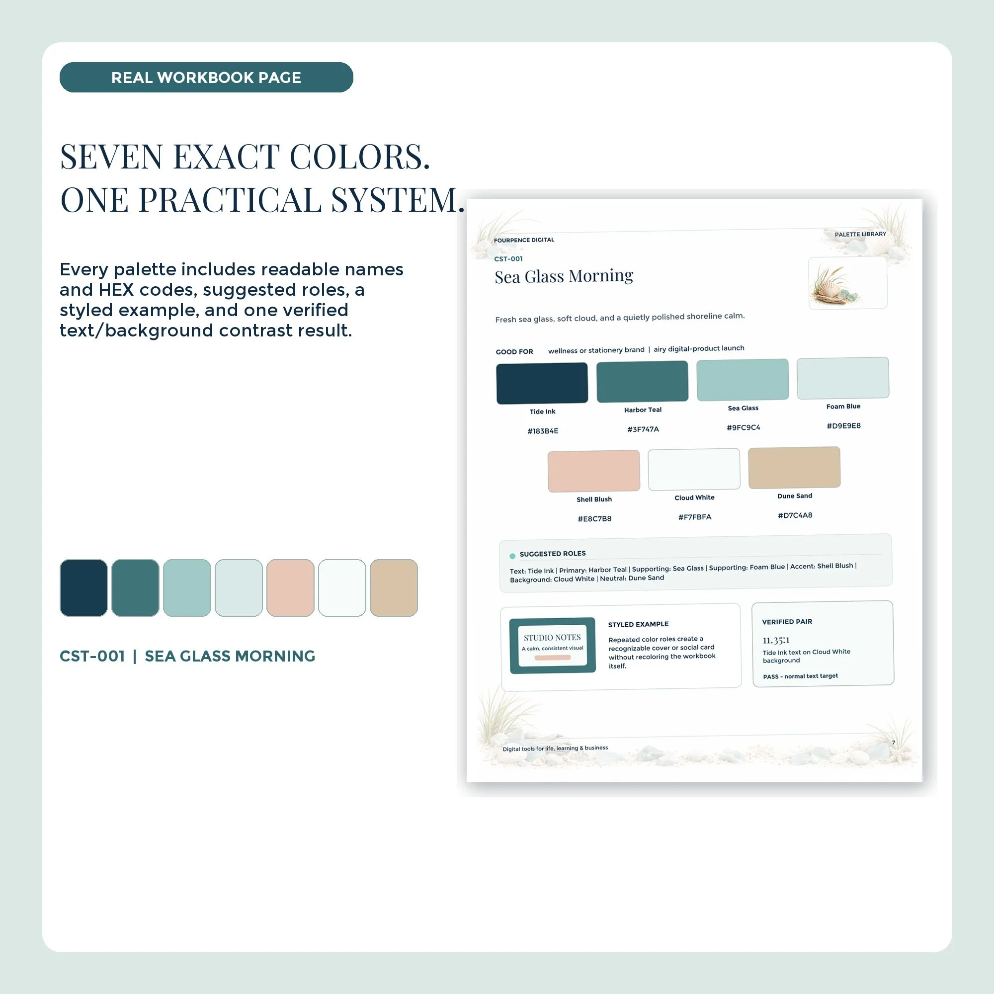 Coastal workbook palette page with seven labeled colors and HEX codes.
