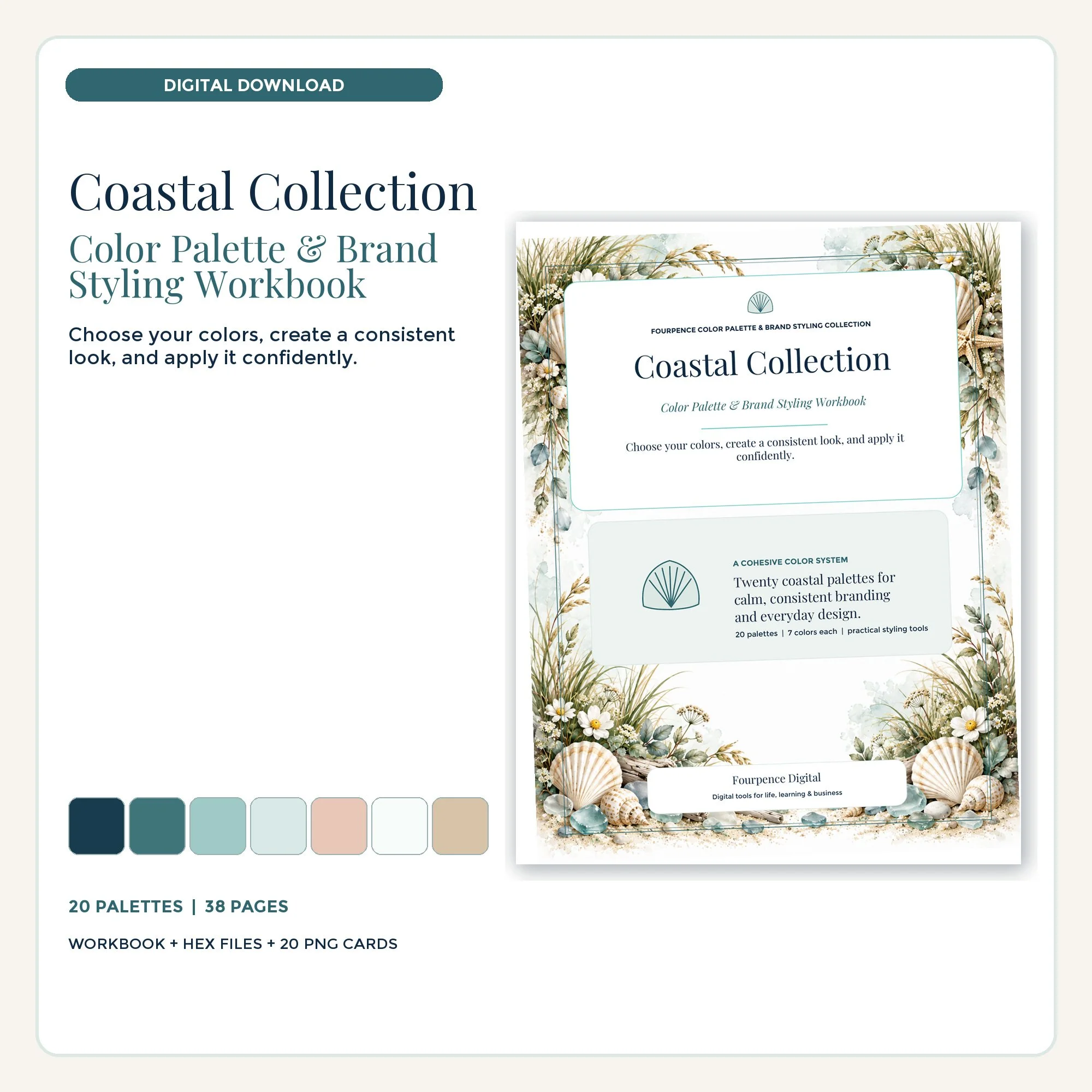 Coastal Color Palette & Brand Styling Workbook cover and coordinated digital product mockup.