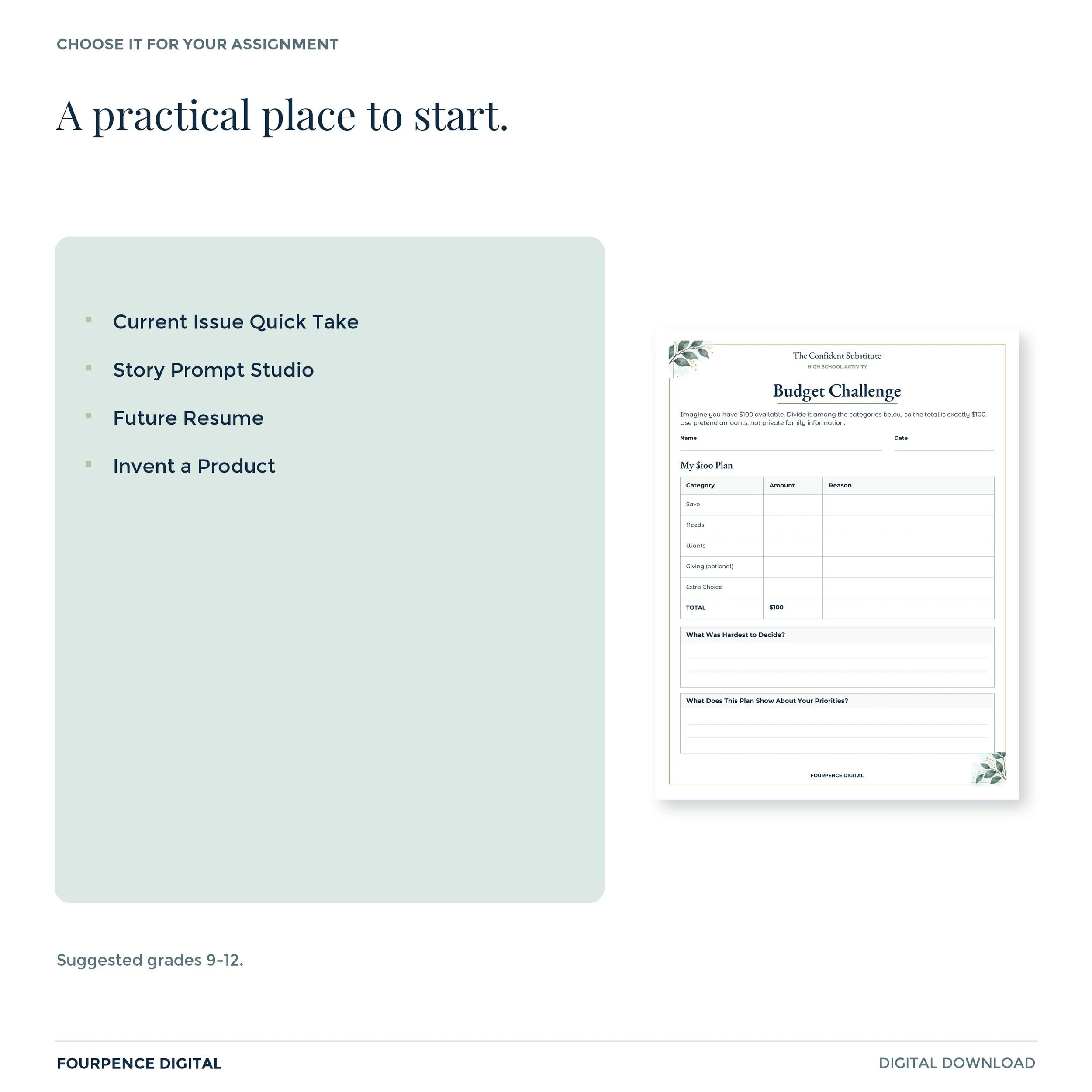 Examples and suggested audience for High School Emergency Activity Vault, with an actual interior page.