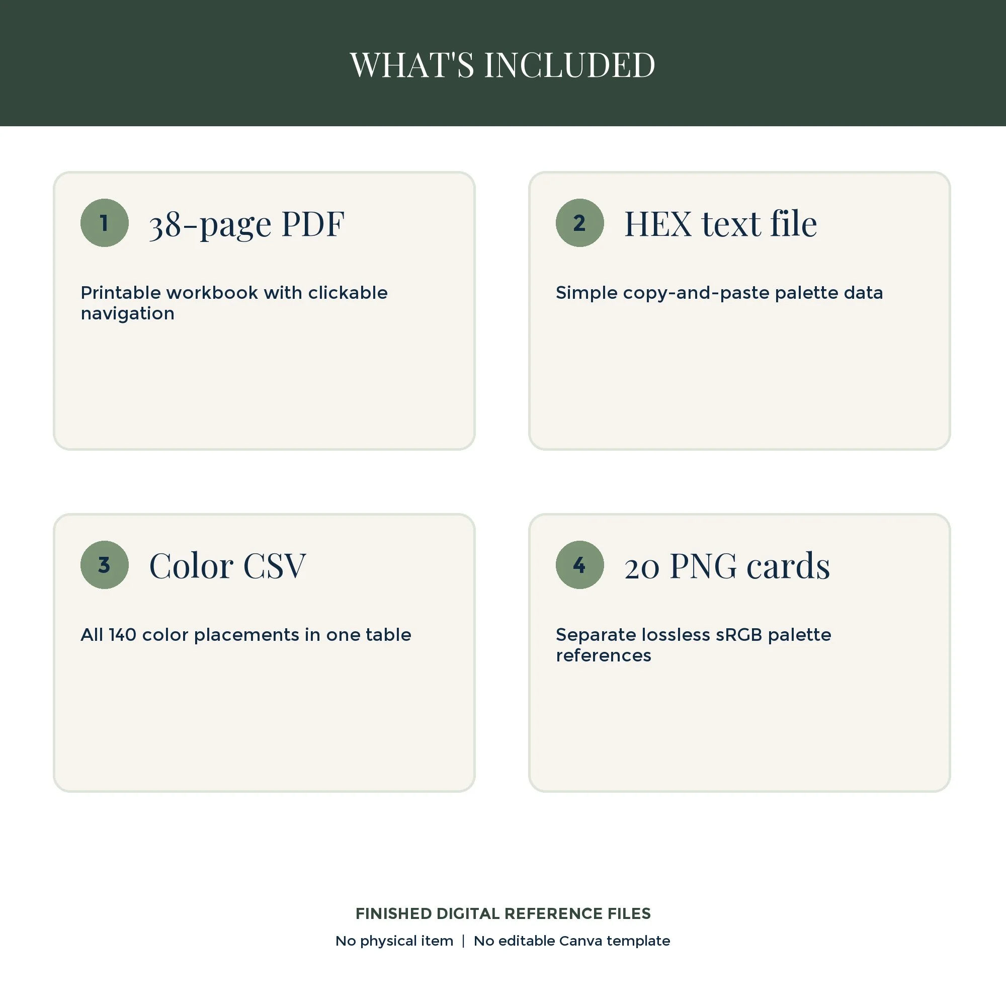 Preview of files included in the Forest workbook: PDF, HEX codes, CSV reference, and 20 PNG palette cards.