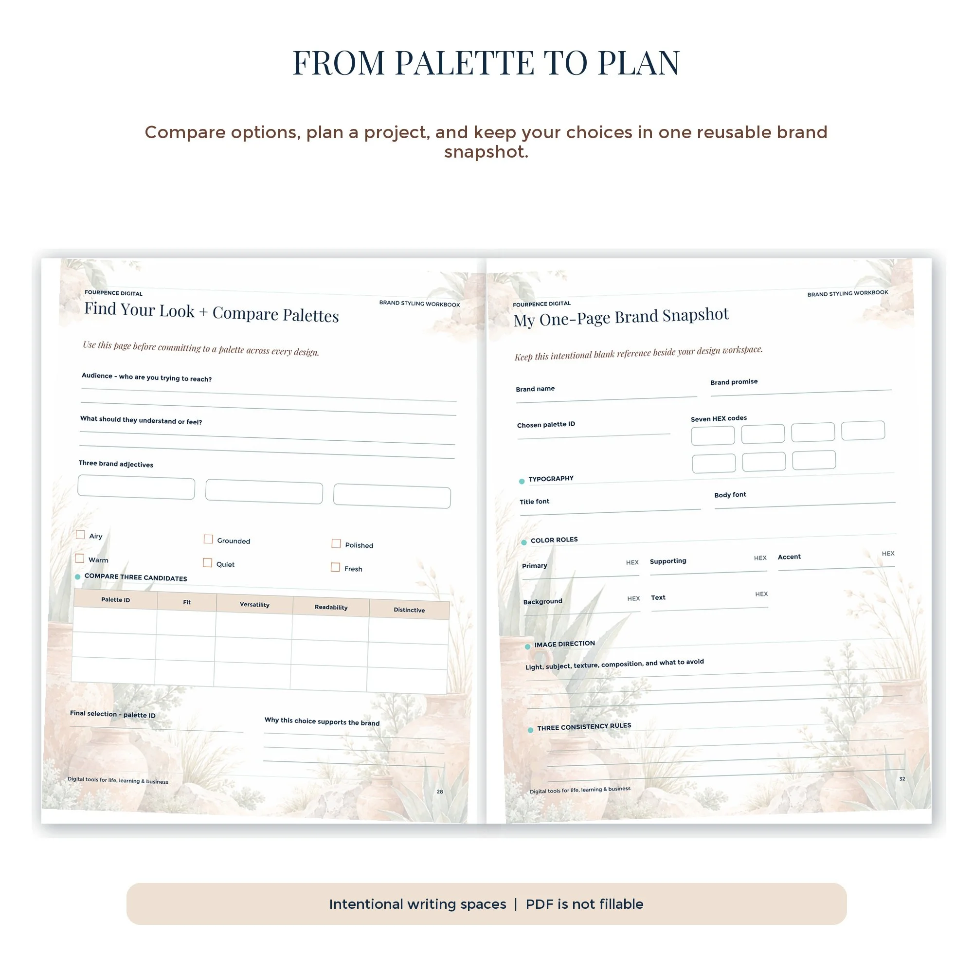 Desert Clay workbook planning tools for comparing palettes and organizing brand colors.
