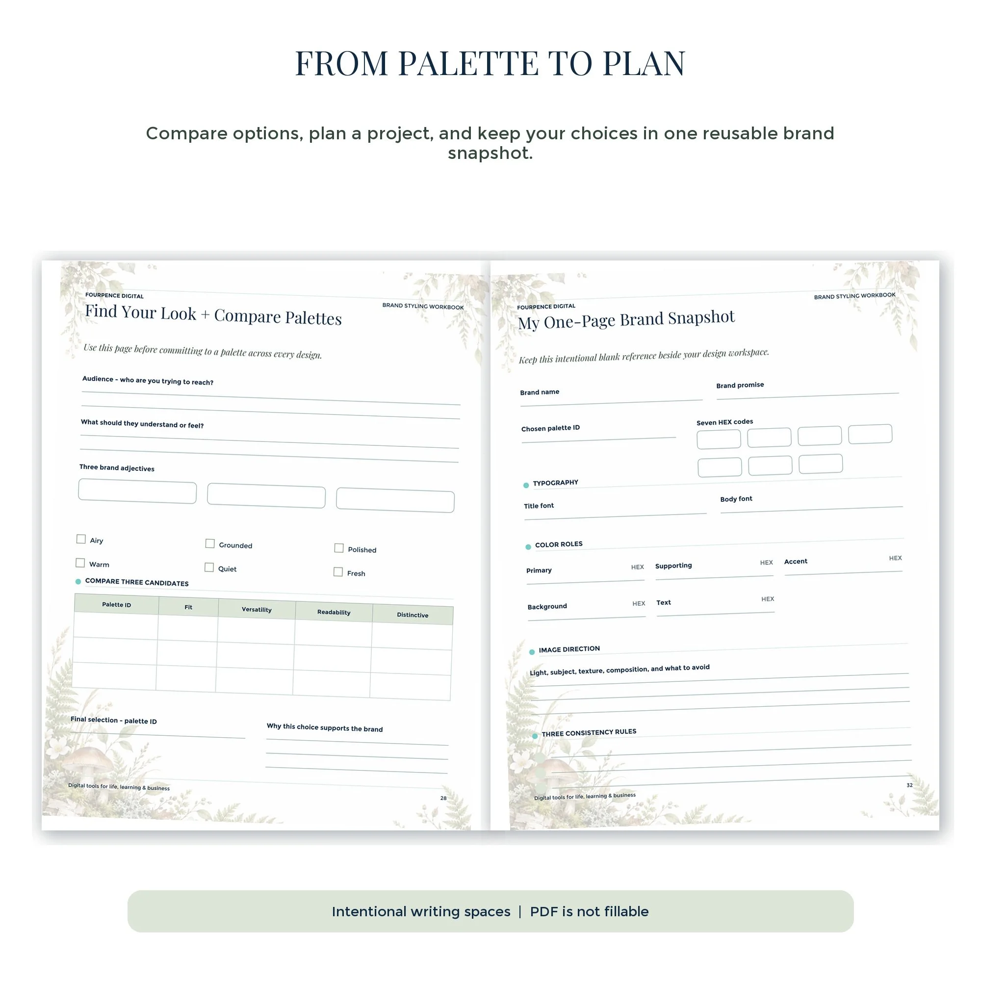 Forest workbook planning tools for comparing palettes and organizing brand colors.