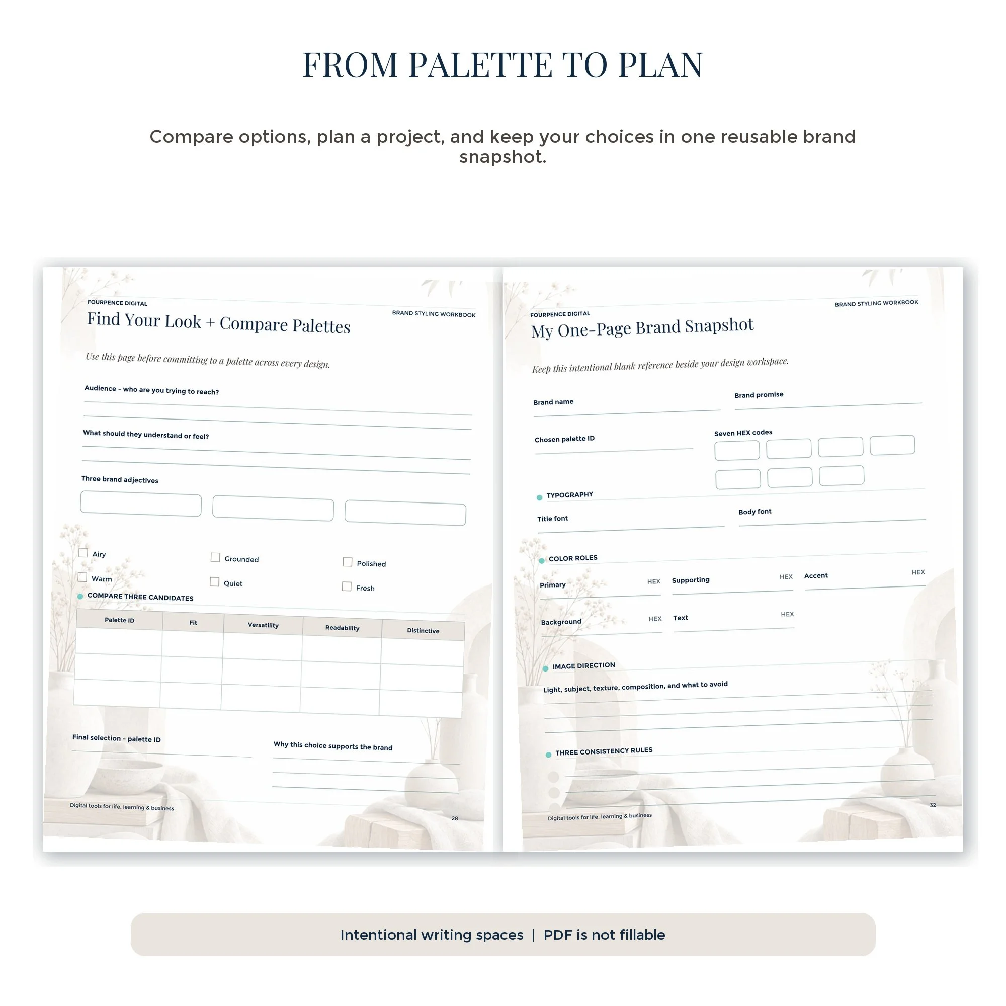 Modern Neutral workbook planning tools for comparing palettes and organizing brand colors.