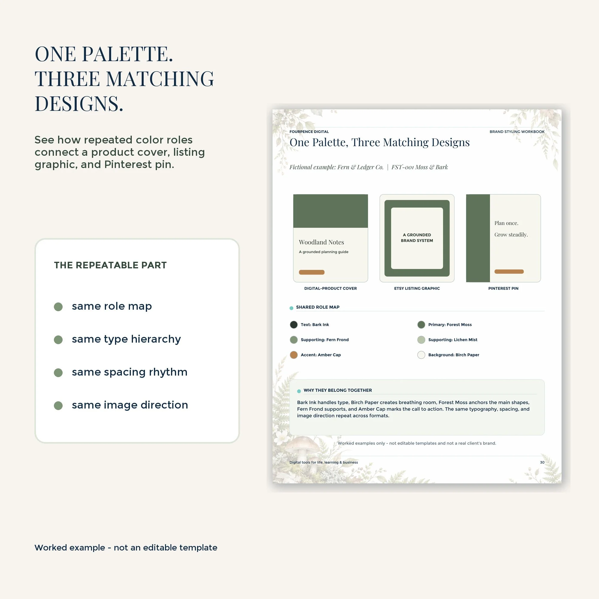 Forest color palette applied across coordinated brand and marketing designs.