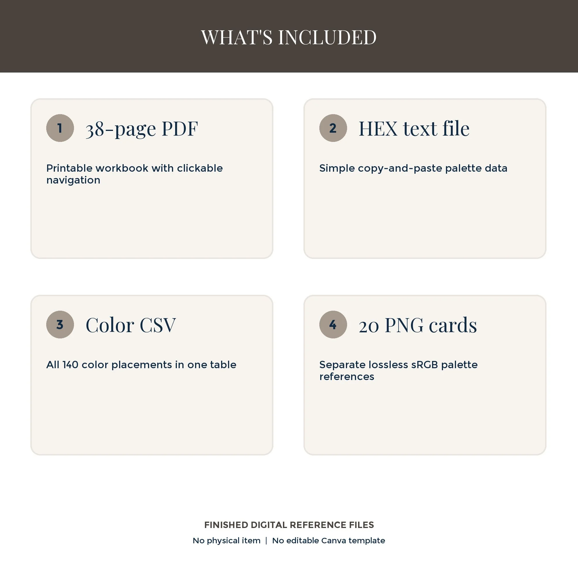Preview of files included in the Modern Neutral workbook: PDF, HEX codes, CSV reference, and 20 PNG palette cards.
