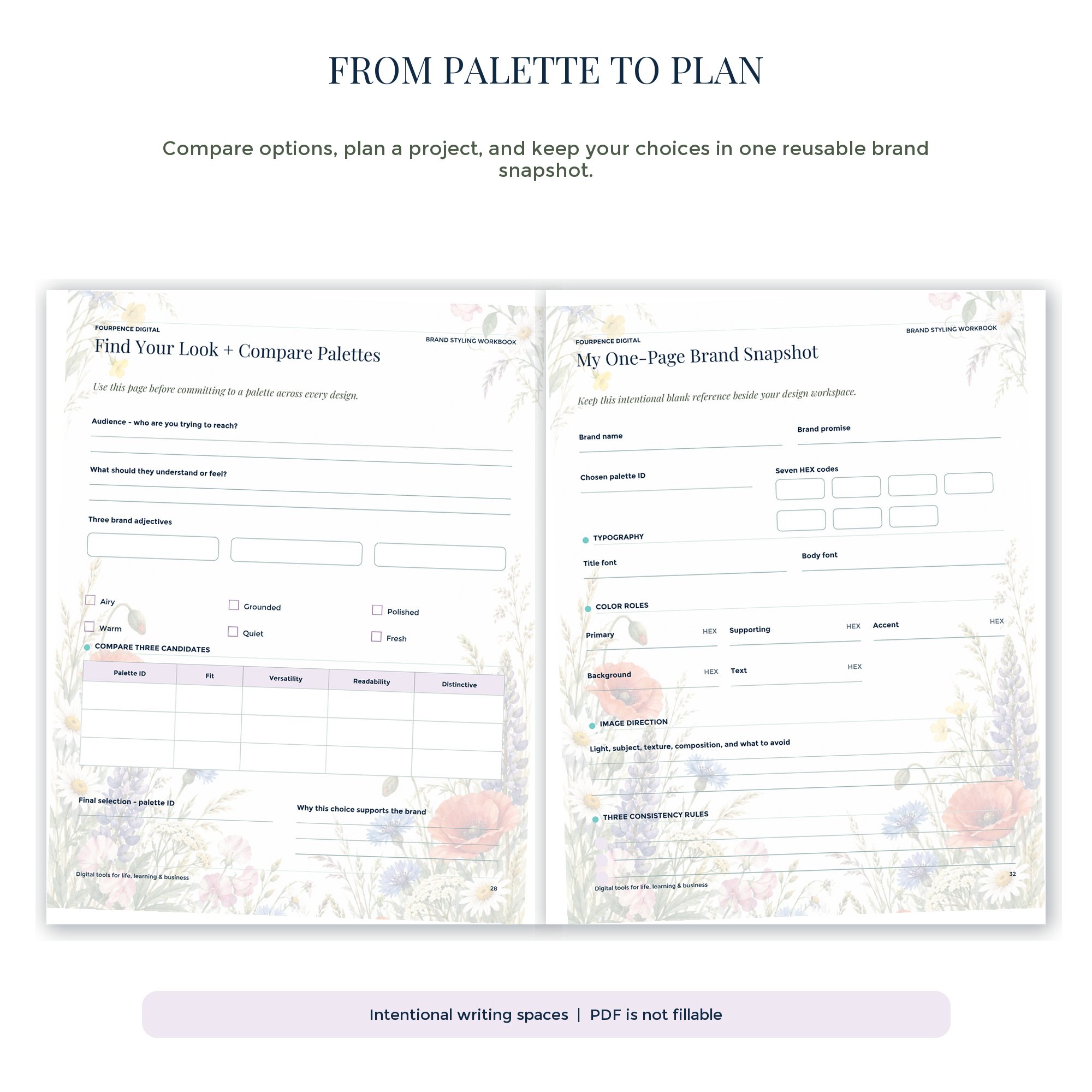 Wildflower Meadow workbook planning tools for comparing palettes and organizing brand colors.