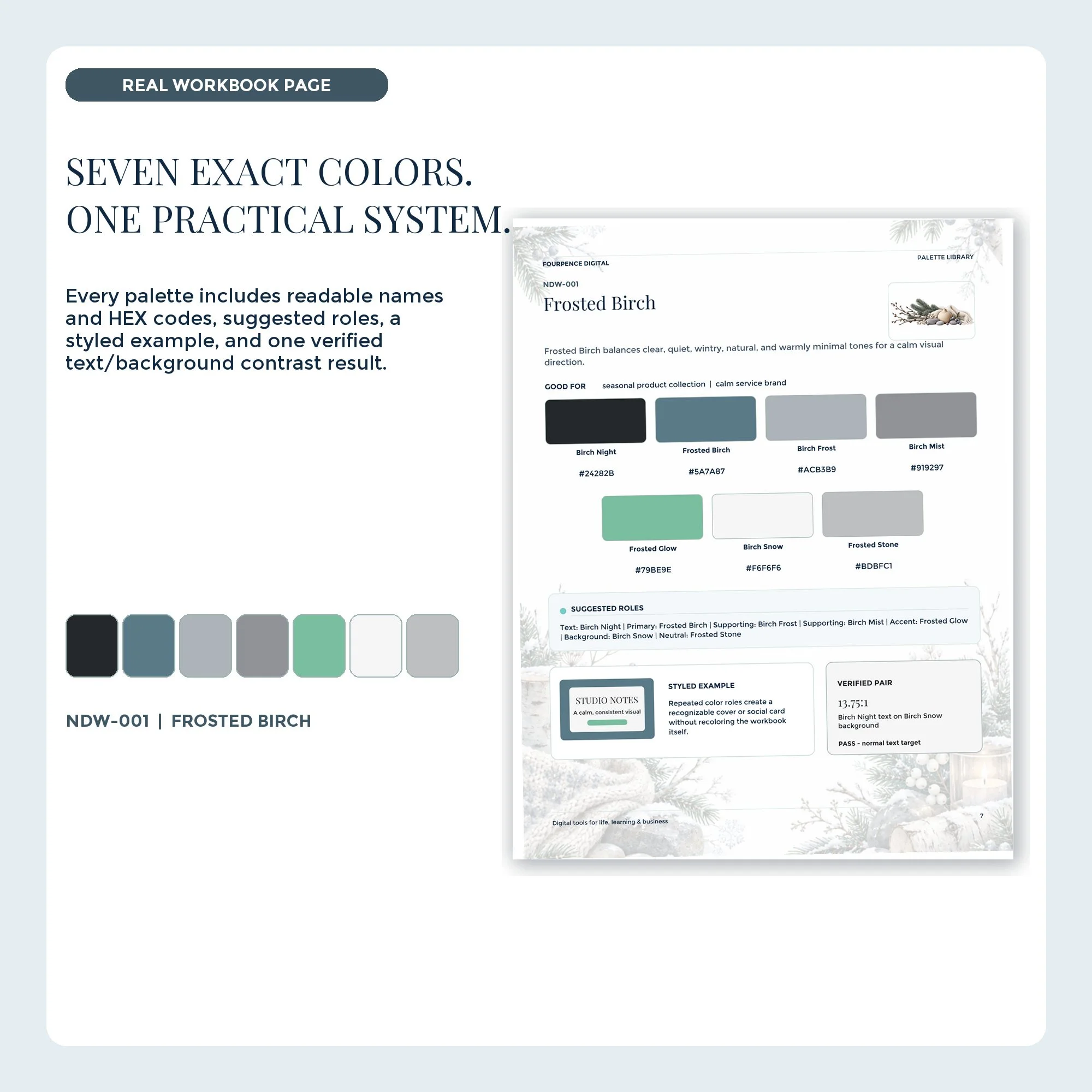 Nordic Winter workbook palette page with seven labeled colors and HEX codes.