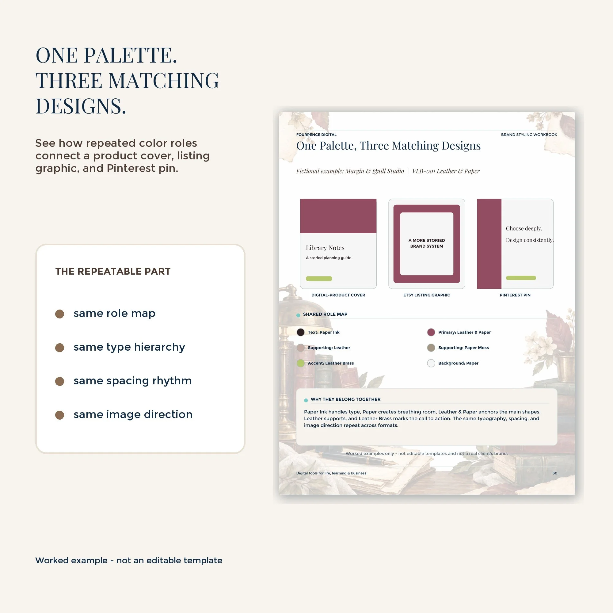 Vintage Library color palette applied across coordinated brand and marketing designs.