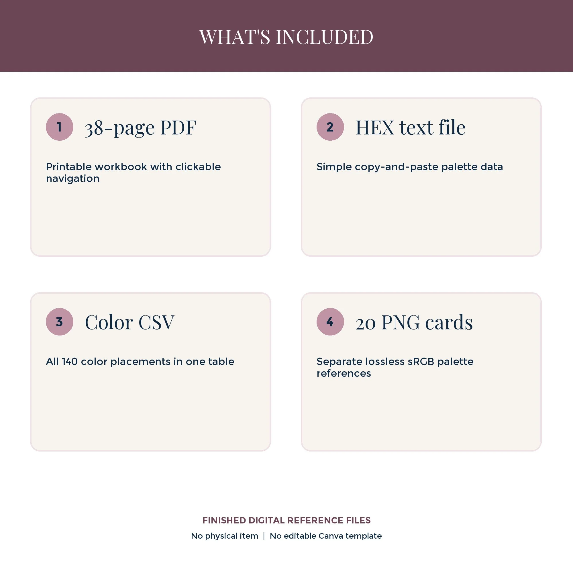 Preview of files included in the Blush & Linen workbook: PDF, HEX codes, CSV reference, and 20 PNG palette cards.