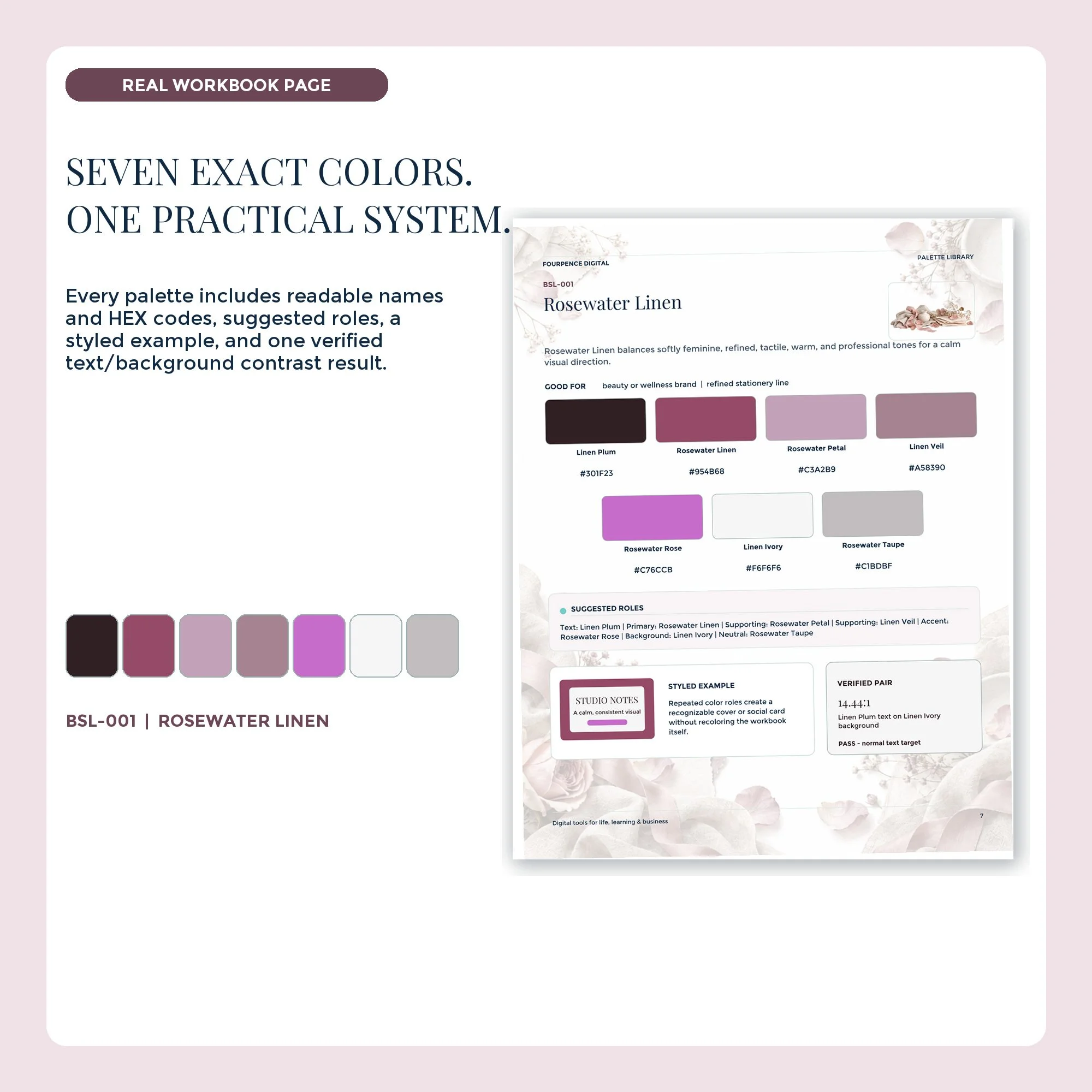 Blush & Linen workbook palette page with seven labeled colors and HEX codes.