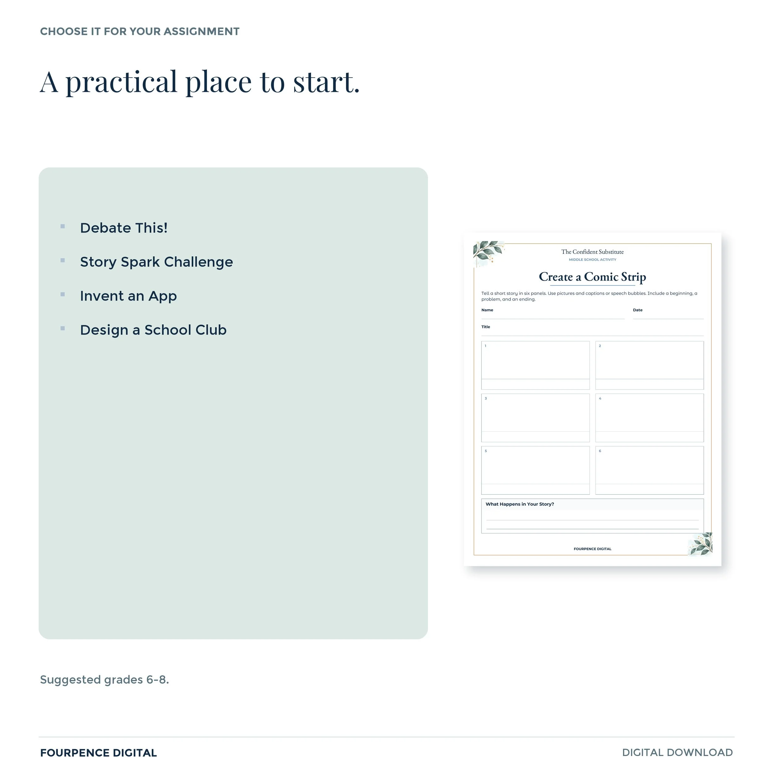 Sample uses and an actual page from Middle School Emergency Activity Vault for suggested grades 6-8.