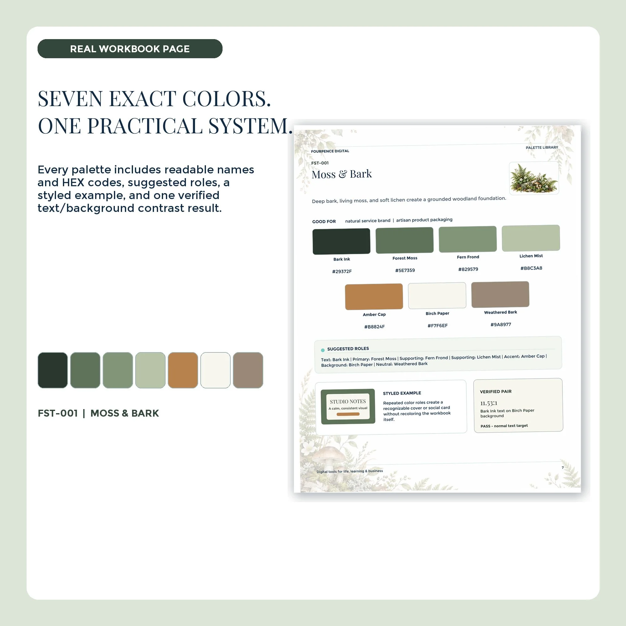 Forest workbook palette page with seven labeled colors and HEX codes.
