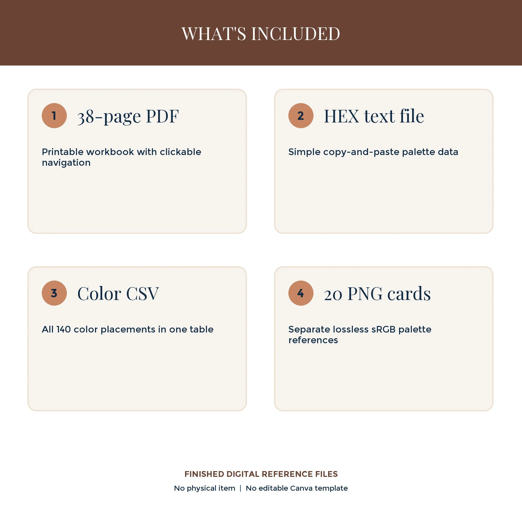 Preview of files included in the Desert Clay workbook: PDF, HEX codes, CSV reference, and 20 PNG palette cards.