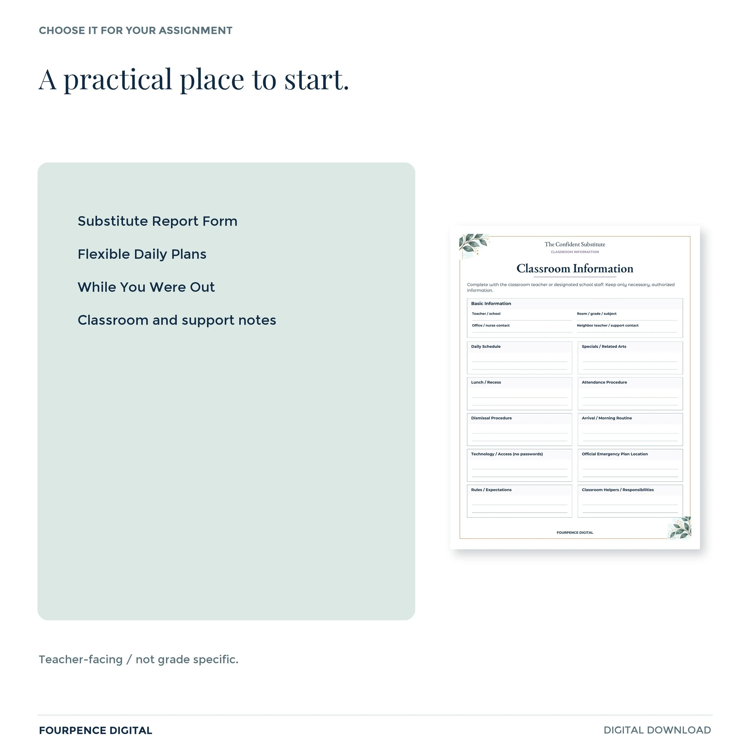 Examples and suggested audience for Confident Substitute Complete, with an actual interior page.