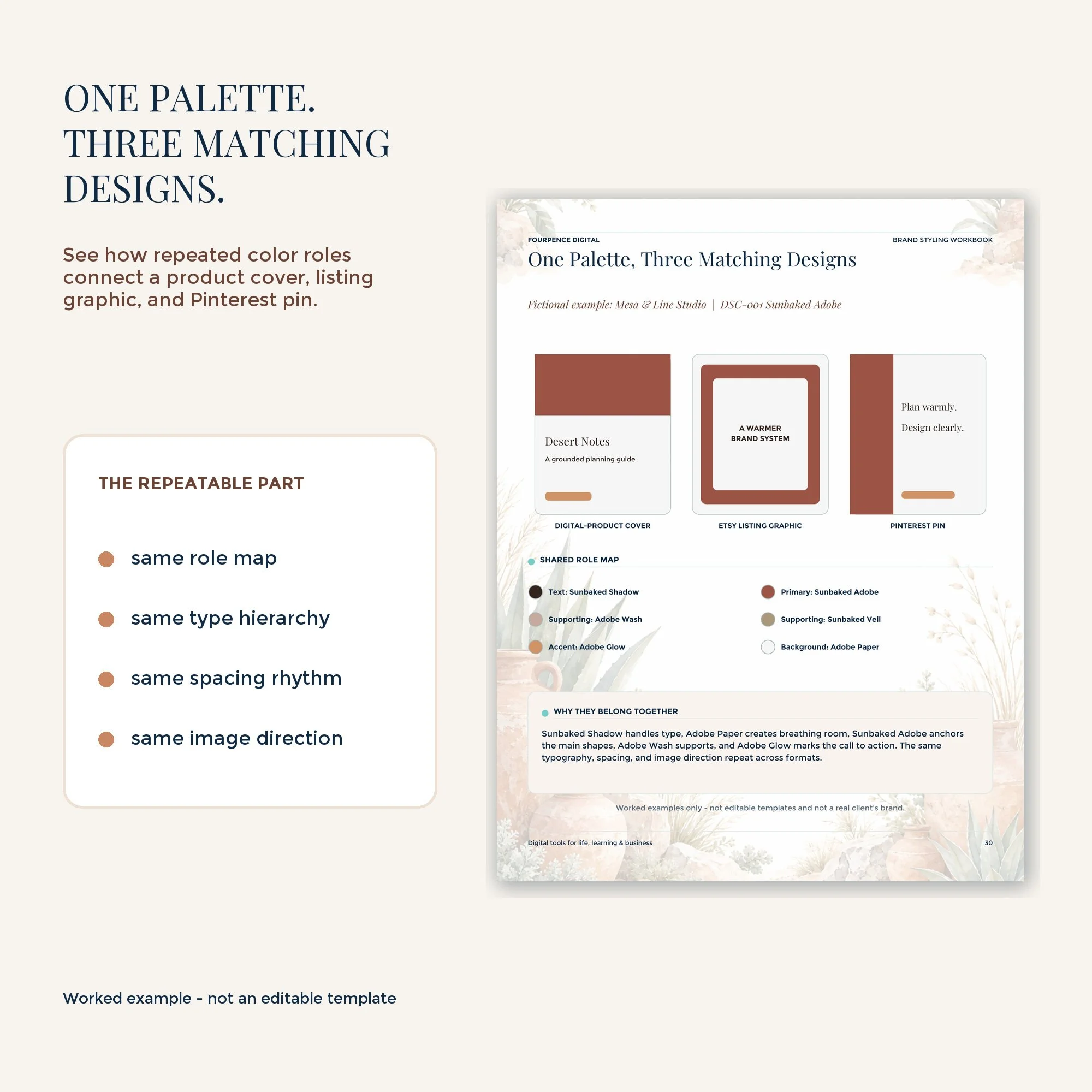 Desert Clay color palette applied across coordinated brand and marketing designs.