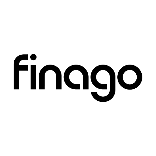 Logo for Finago med hvit bakgrunn, hvit tekst og en abstrakt grafikk av sammenkoblede sirkler.