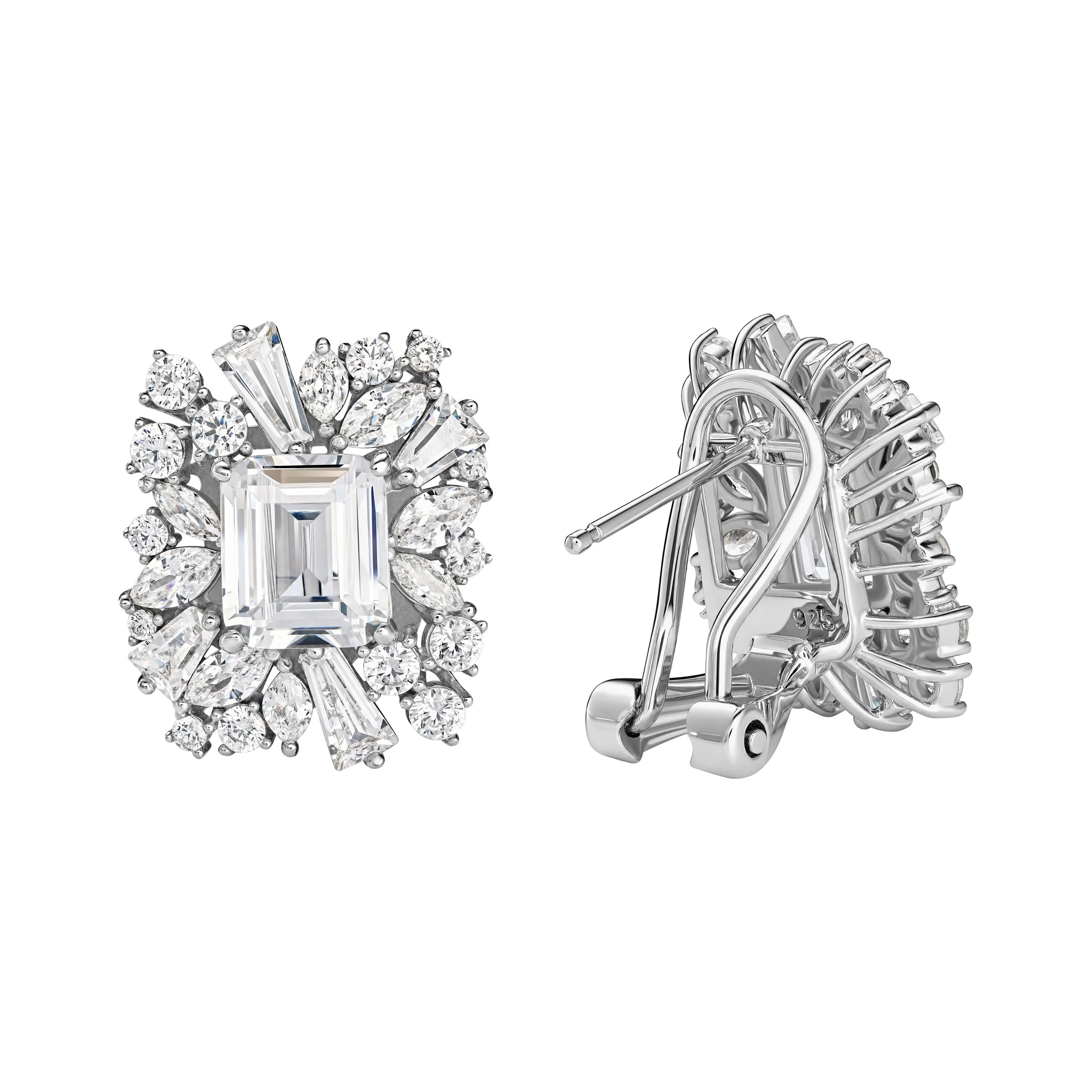 Emerald with Mixed-Cut Halo Cubic Zirconia & Platinum Over Sterling Silver Omega Back Earrings
