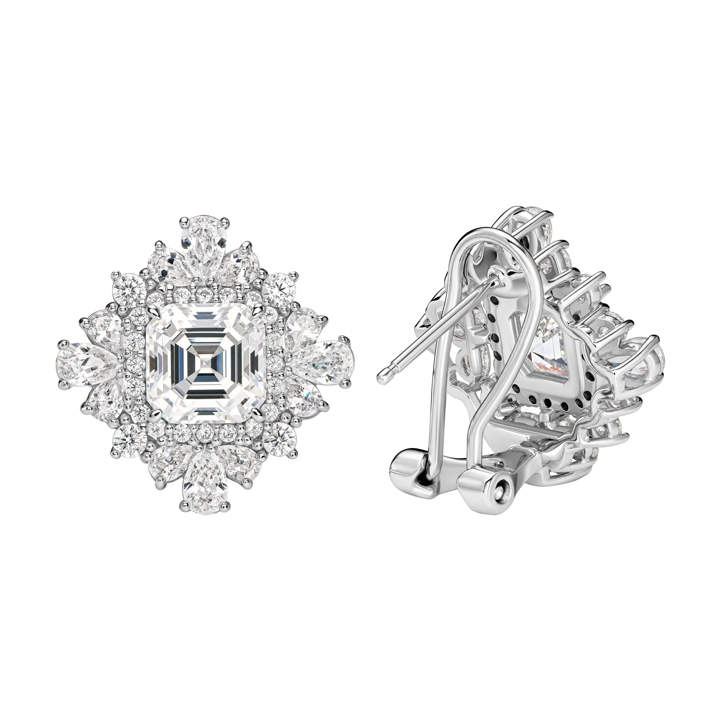 Asscher, Pear, Round Brilliant Cut Cubic Zirconia & Platinum Over Sterling Silver Omega Back Earrings
