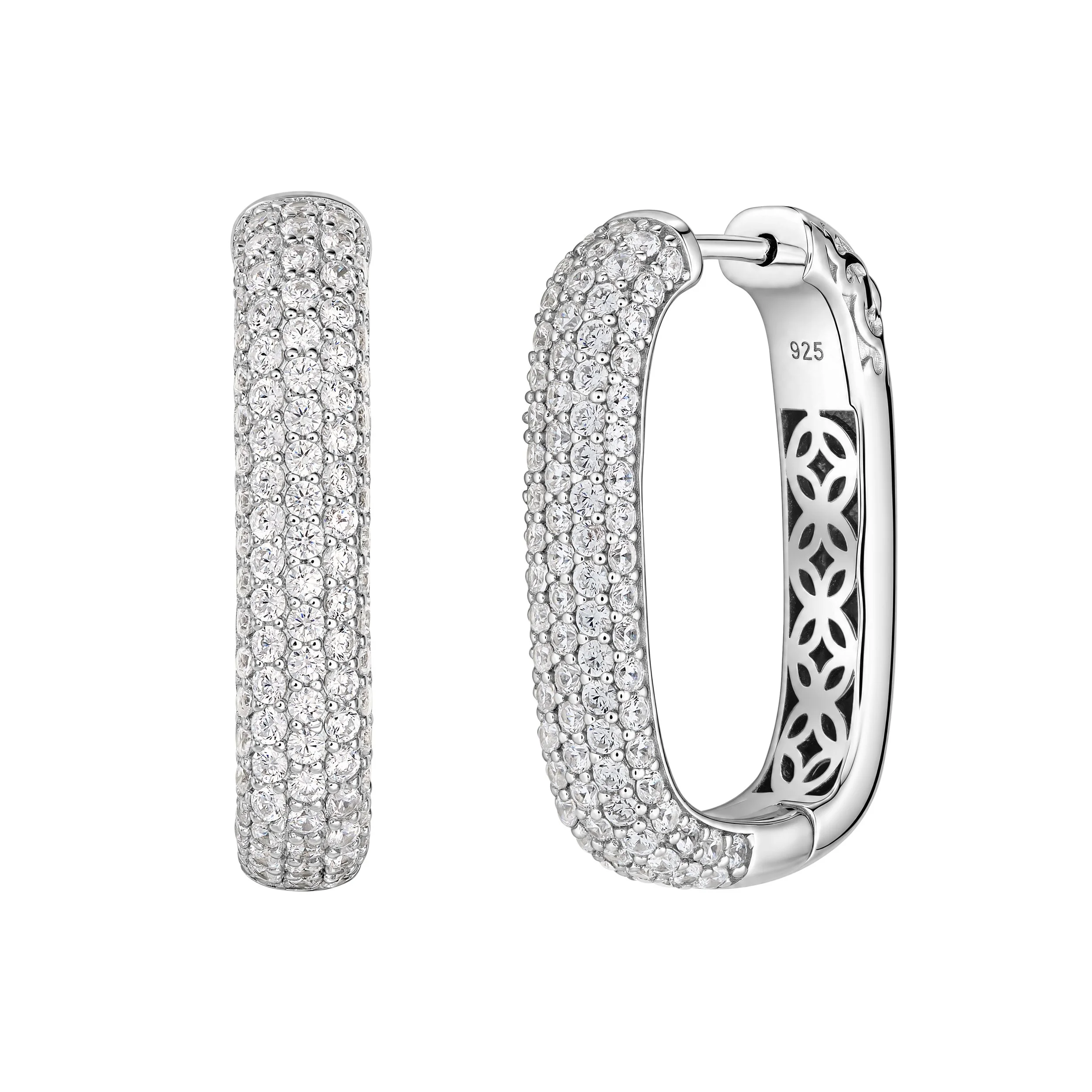 Micro-Pave Cubic Zirconia & Platinum Over Sterling Silver Rectangular Hoop Earrings