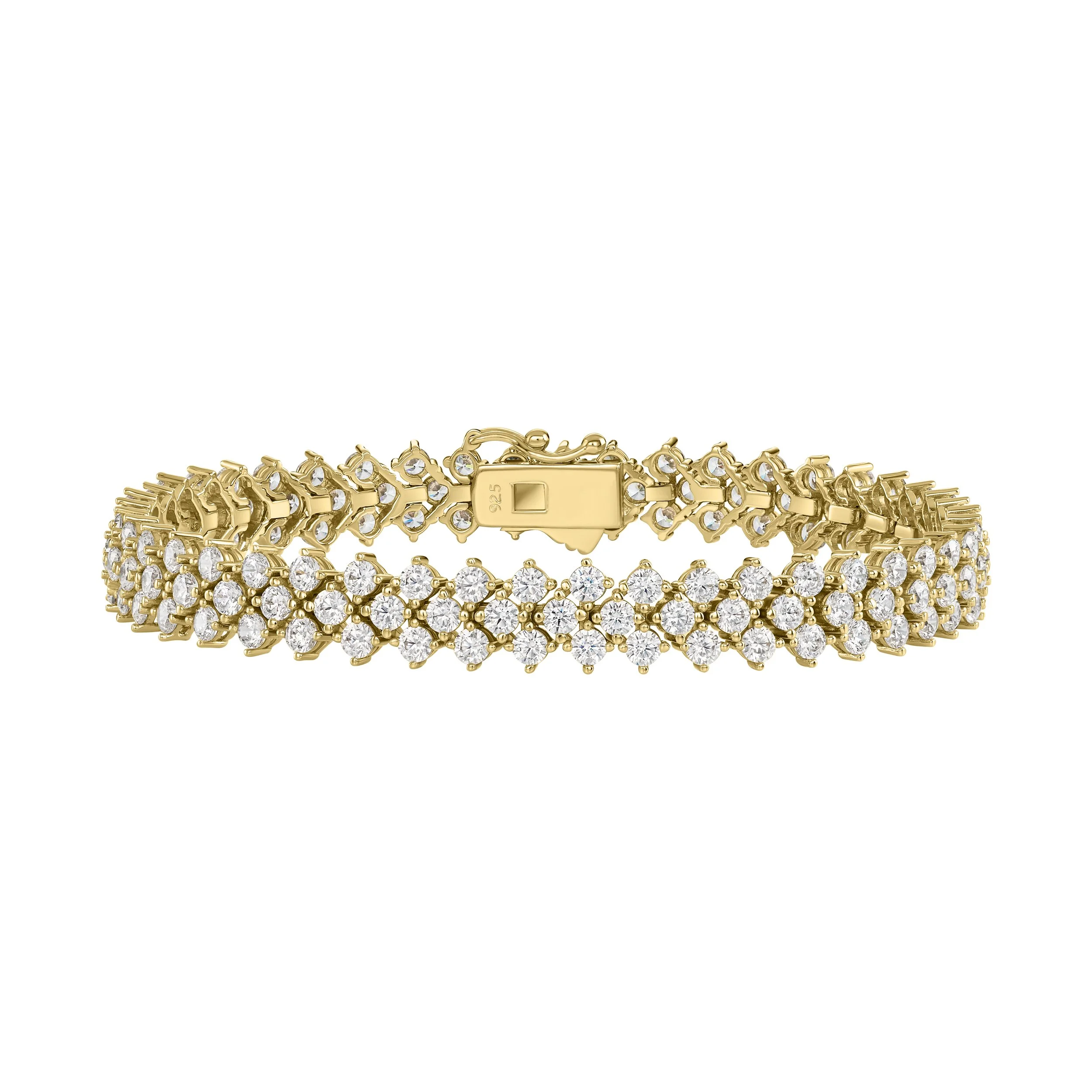 Cubic Zirconia & 18K Yellow Gold Over Sterling, Triple Row Tennis Bracelet