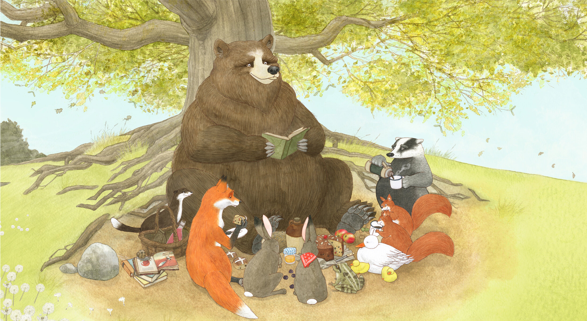 story, bear, reading, books, illustration, children's books, natural history, fox, duck, badger, rabbits, weasel, frog, squirrel, countryside, bristish, pen and ink, watercolour, bright