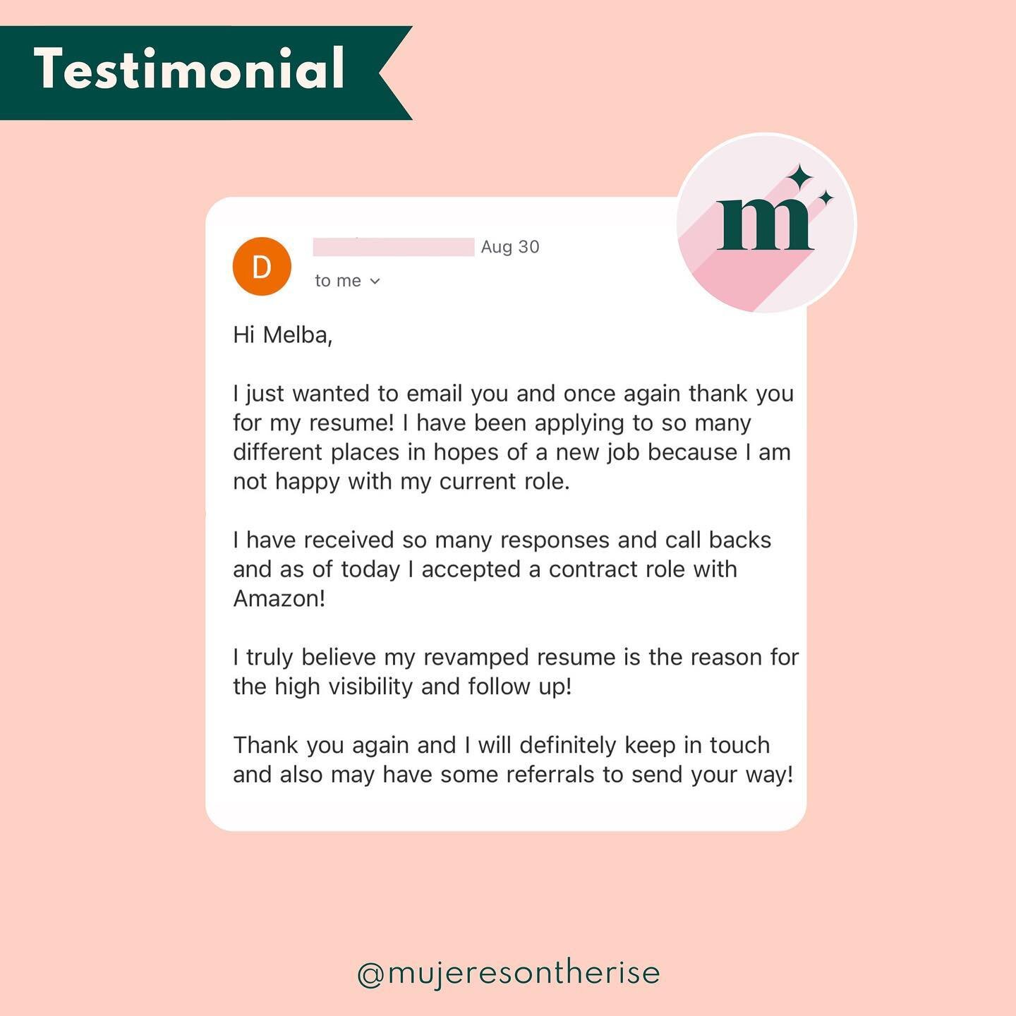 Our favorite kind of emails. ❤️
&mdash;
This resume was completed on Aug 10, and in just ~20 days, our client has already accepted a new offer!! How incredible is that?! 😌 We are so happy for you, Dani. Thank you for letting #MujeresOnTheRise be par