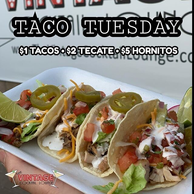 ARE YOU READY FOR ANOTHER TACO TUESDAY &bull; $1 TACOS ✅ $2 TECATE ✅ $5 HORNITOS ✅ OPEN TODAY @4pm 
See you soon! ⚡️WINNER - Best Dive Bar in OC 🍸The Swankiest Dive In Town🍸
#thevintage8550 #mylocalsociallounge 💯
👌🏽
🥃
🍸
🍾
🥂
🍷
🧿
🎵
🎶
🇬🇷
