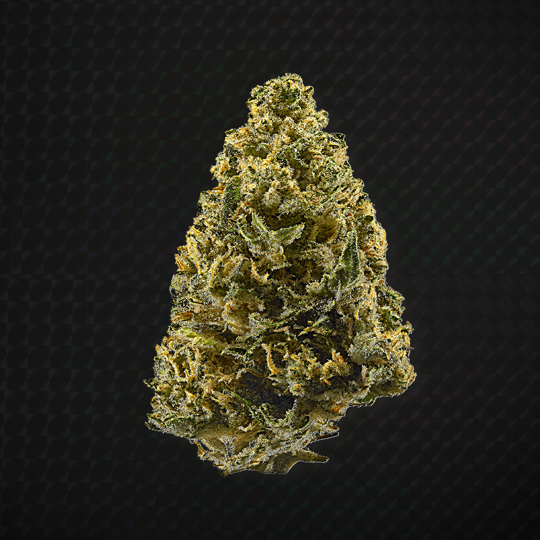 Wonderbrett Sour Diesel cannabis flower, an elongated light-green bud dense with orange pistils and a heavy trichome coating, shown on a black background