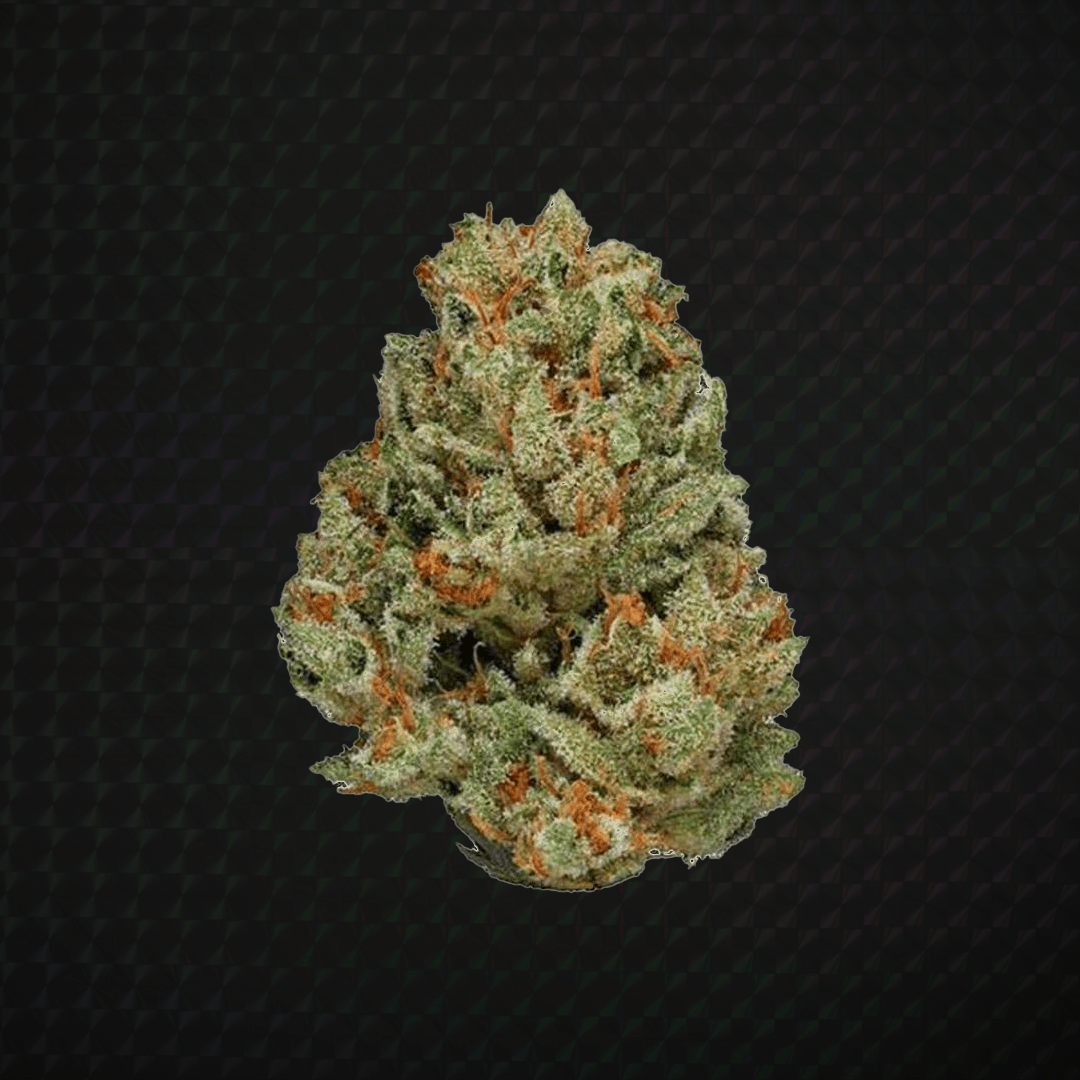 Wonderbrett OG Kush cannabis flower, a dense light-green bud with abundant orange pistils and a frosty coating of trichomes