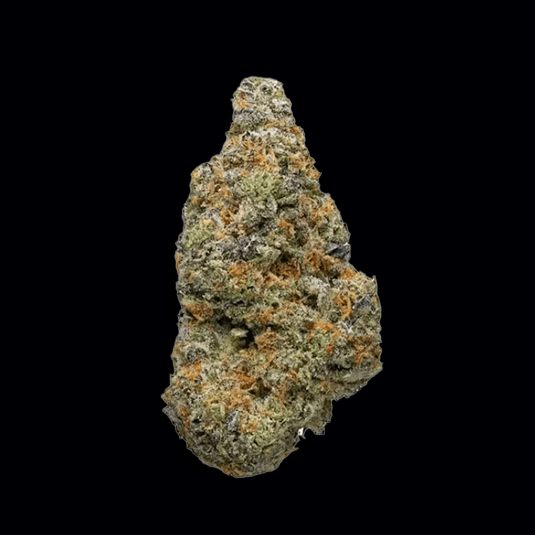 Close-up product shot of a Wonderbrett Kush Cola cannabis flower bud on a black background, showing a dense, tightly-packed cola with light green calyxes, heavy trichome coverage, and streaks of orange pistils.