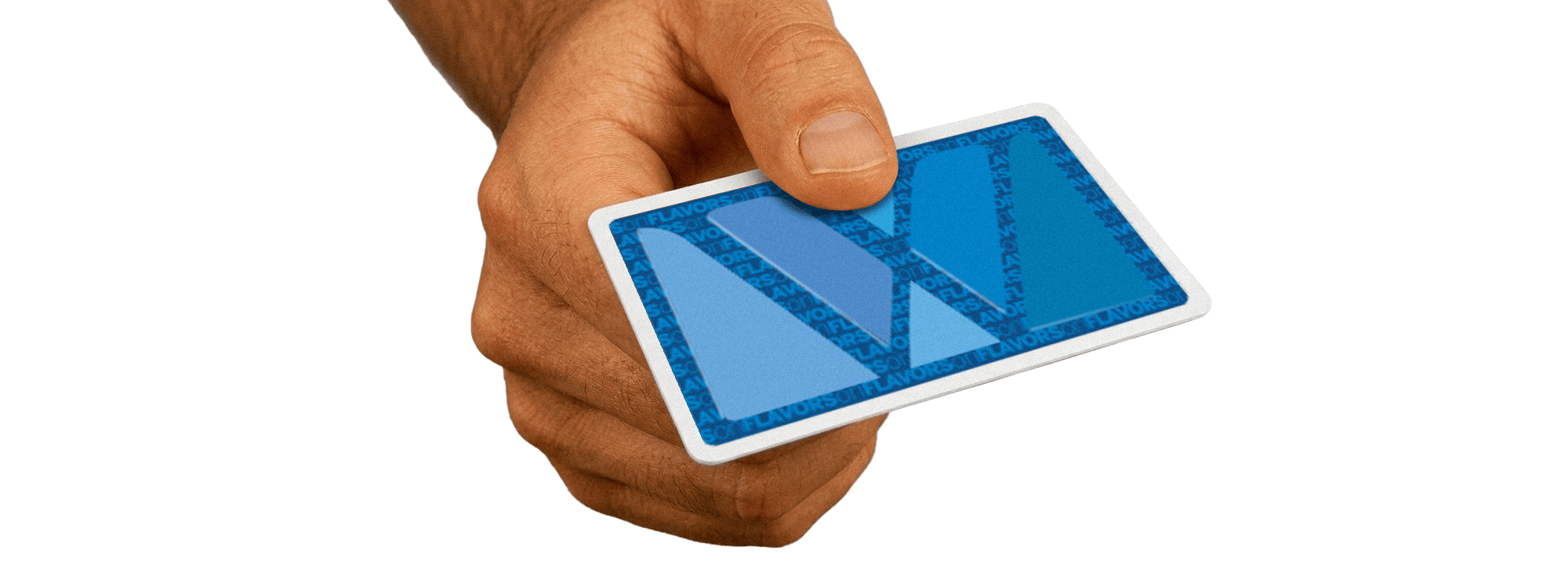 A hand holding a blue and white card with a stylized blue 'W' and the word 'FLAVOR' written repeatedly in the background.