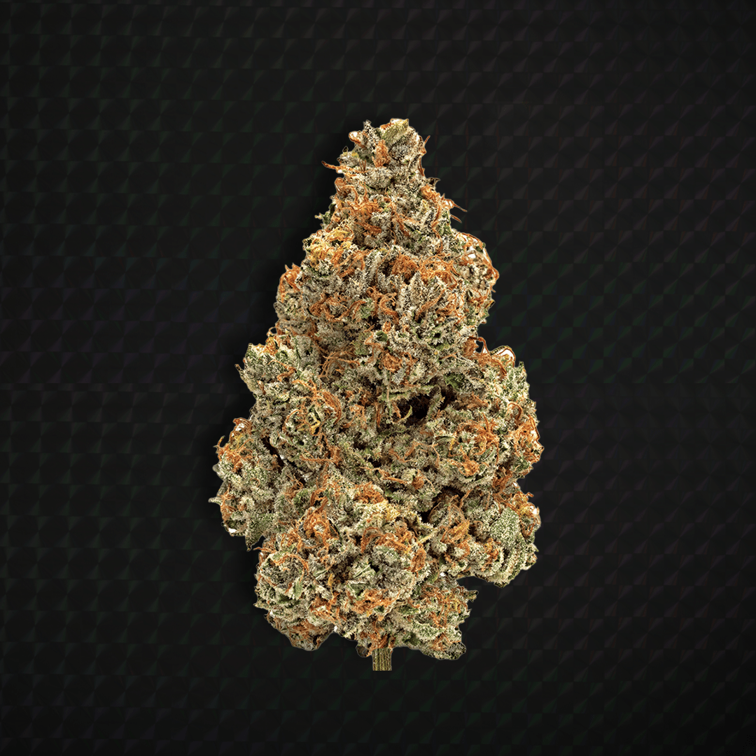 Close-up of a Wonderbrett Pineapple OG cannabis flower on a black background, densely trichome-covered with green tones and orange pistils.