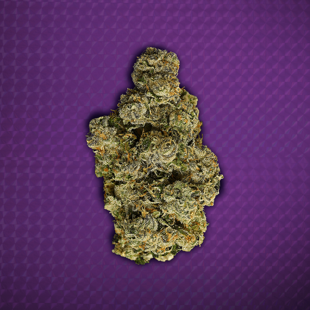 Close-up of a Wonderbrett Ether cannabis flower on a textured purple background, trichome-covered with green tones and orange pistils