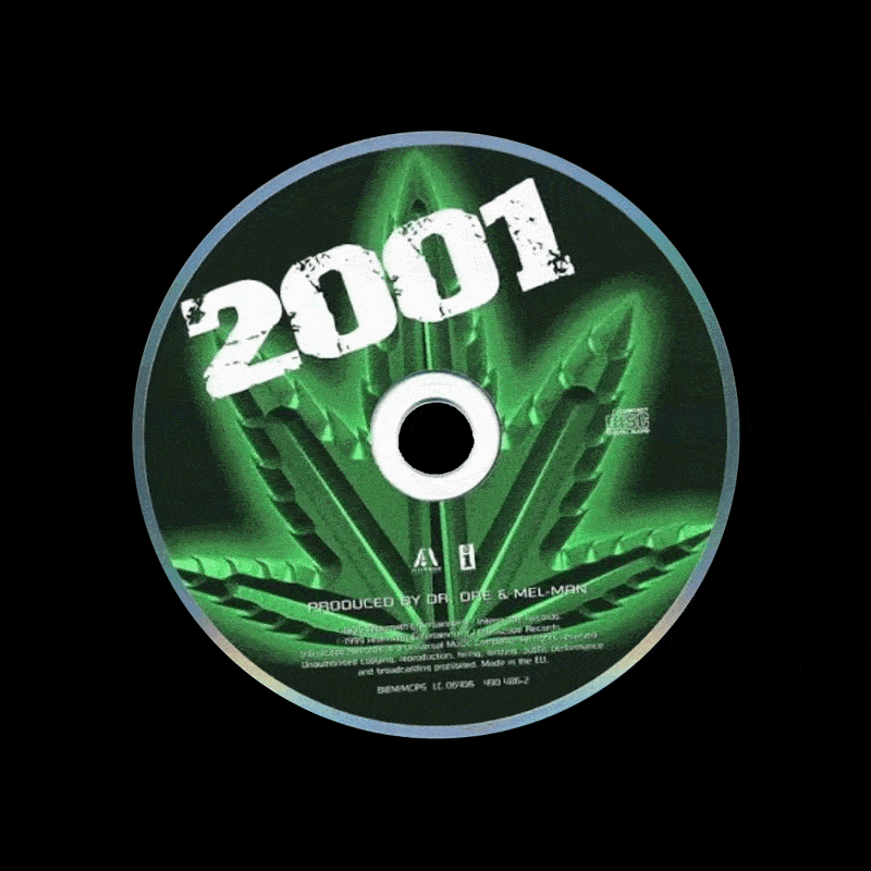 A CD with a green marijuana leaf background, the year '2001' in bold white text, and small text indicating it was produced by DJ One & Melman.