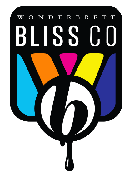 Wonderbrett and Bliss Co partnership badge logo, featuring a colorful striped shield design with a stylized dripping "b" emblem