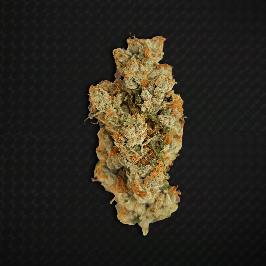 Wonderbrett Sour Diesel cannabis flower, an elongated light-green bud dense with orange pistils and a heavy trichome coating, shown on a black background